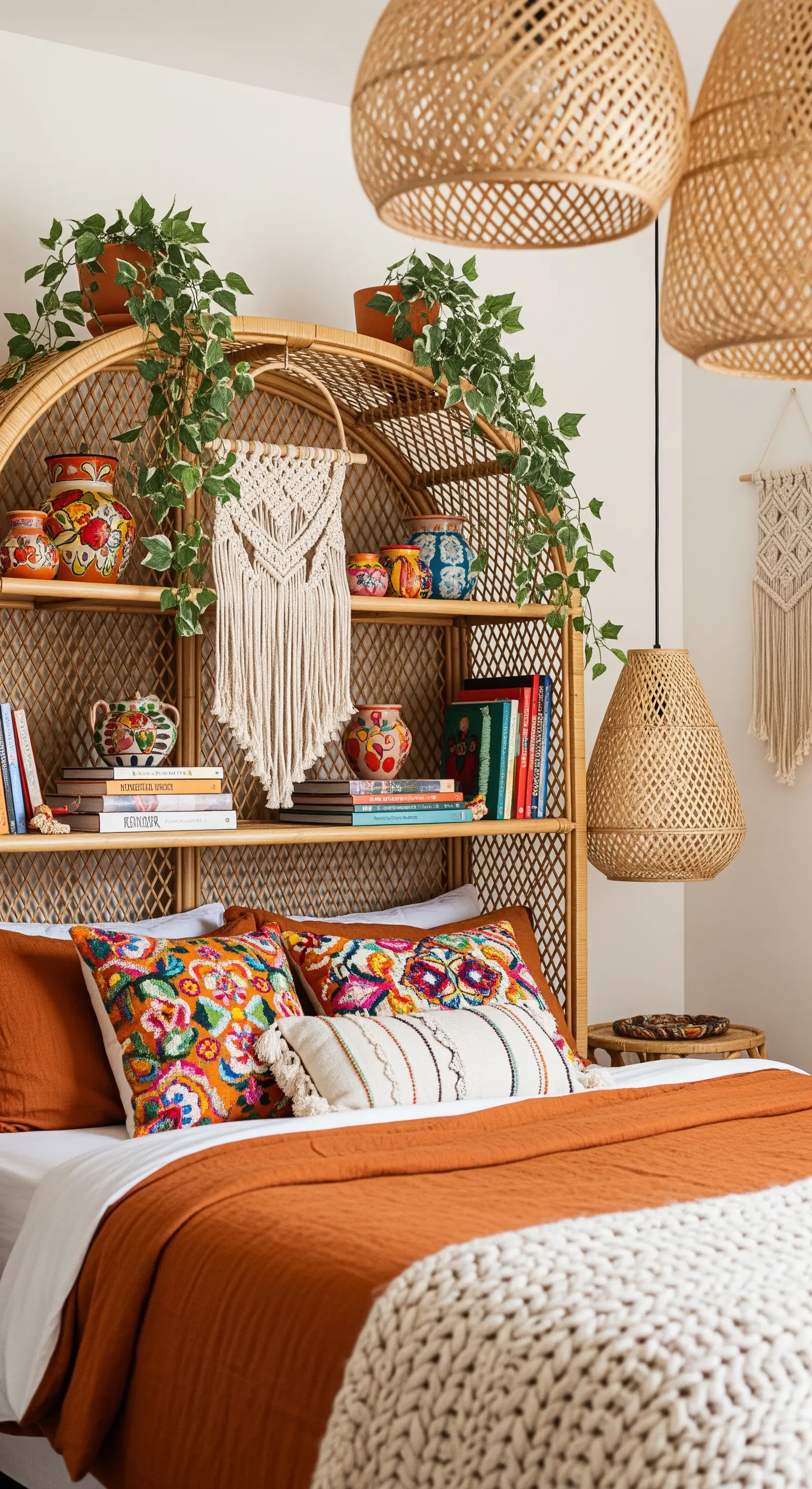 Testiera-libreria arcuata in rattan con piante, cuscini colorati e macramè.
