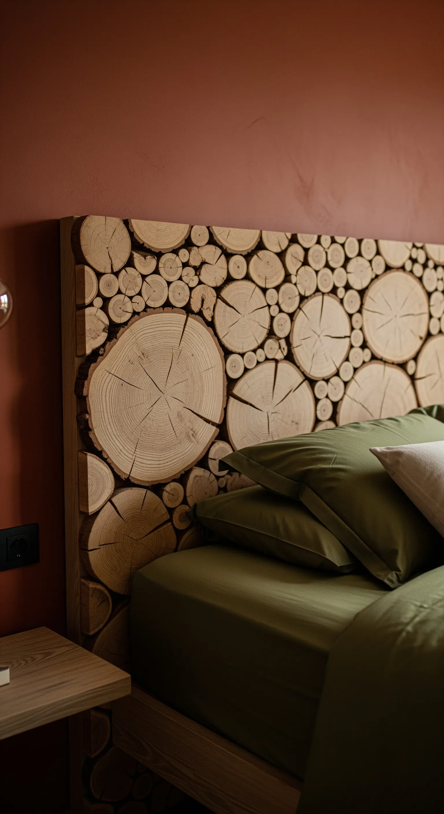 Testiera del letto fai-da-te realizzata con sezioni di tronchi di legno su una parete color terracotta.