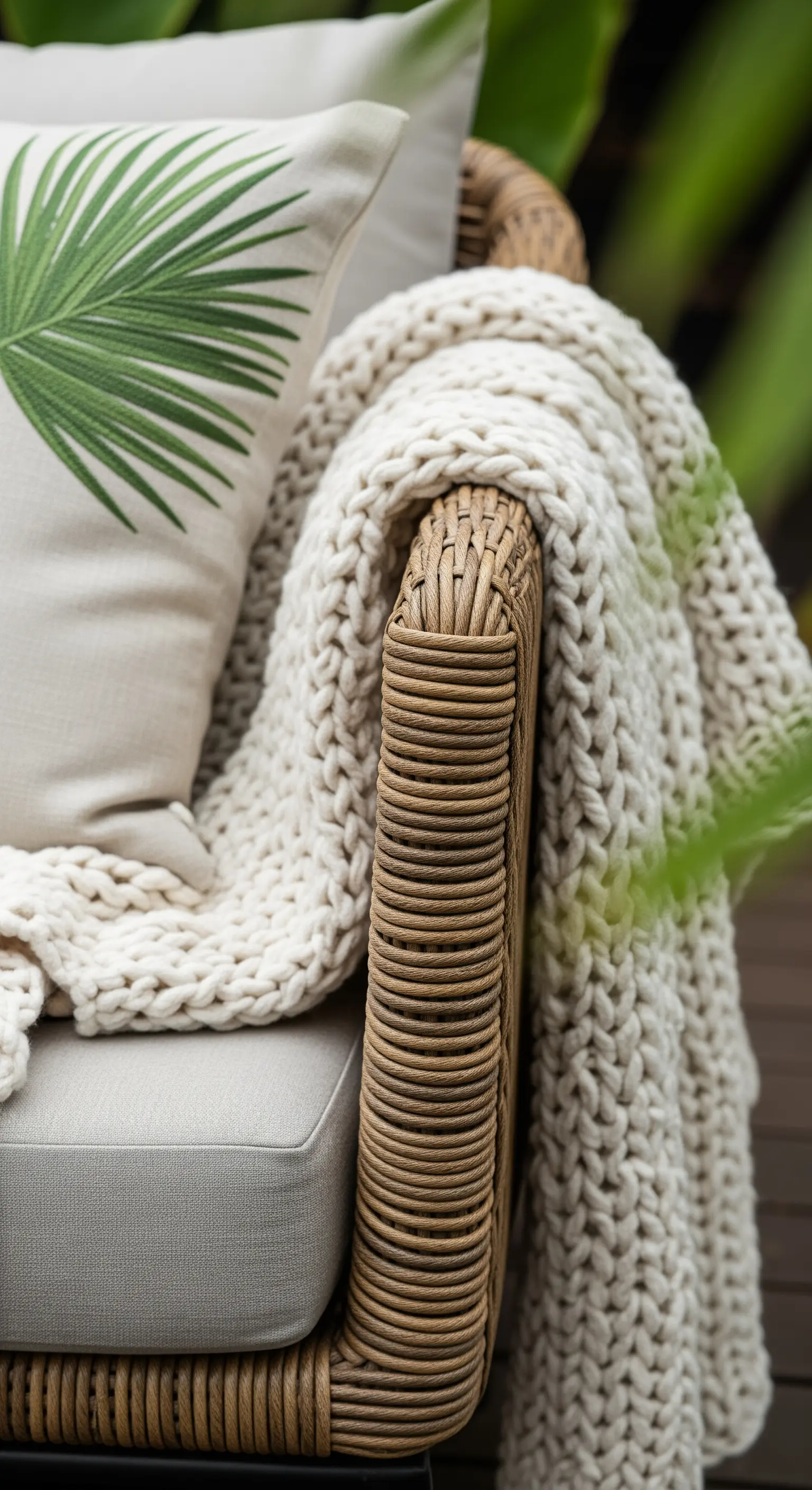 Dettaglio di una poltrona in rattan con cuscino a foglia di palma e una coperta in maglia spessa.