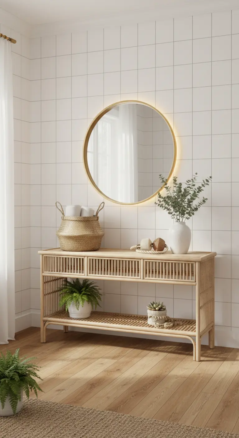 Specchio rotondo retroilluminato su parete piastrellata, con consolle in rattan.