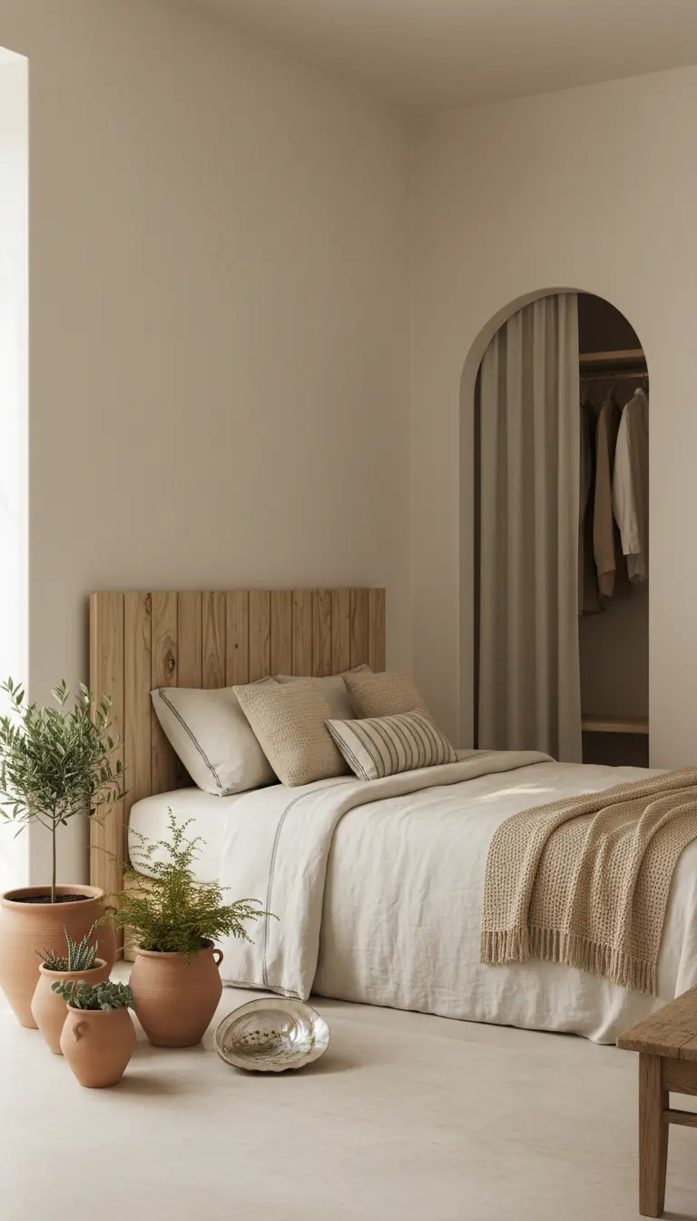 Letto con testiera in legno, cuscini materici, piante in vasi di terracotta e conchiglia decorativa.