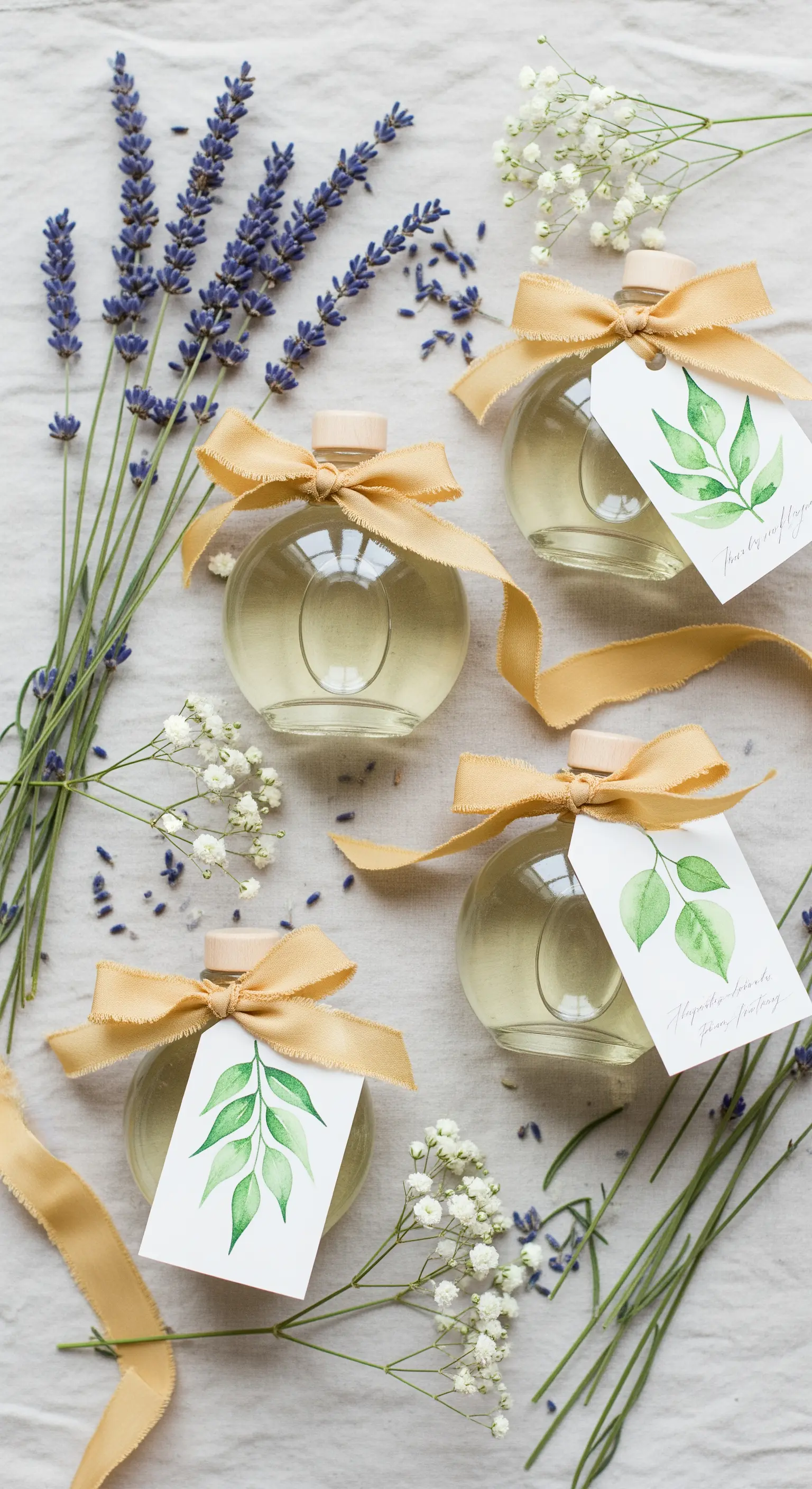 Bomboniere tonde con liquore chiaro, tag ad acquerello e nastri color ocra tra fiori di lavanda.
