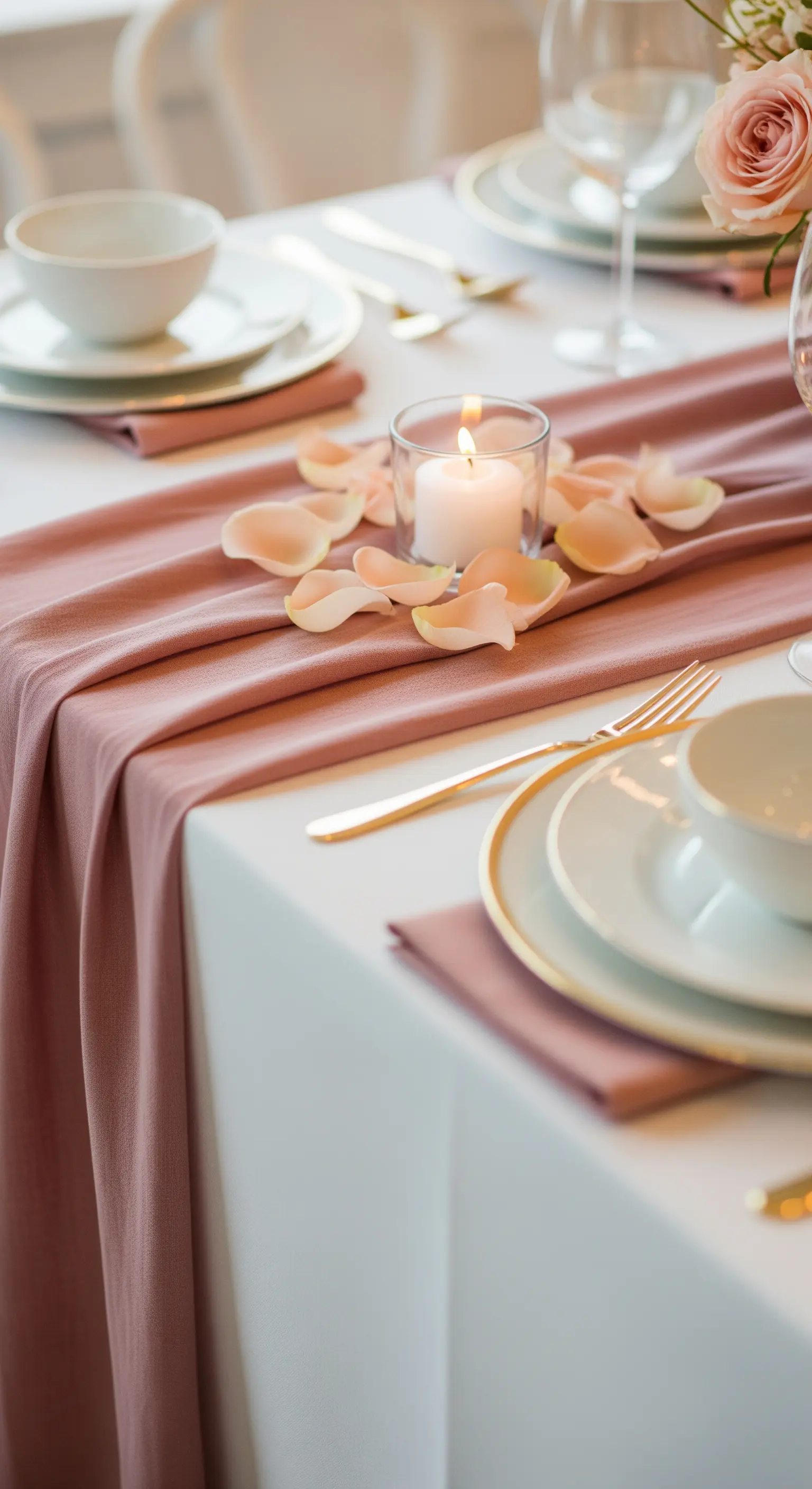 Tavola bianca e rosa antico con runner, petali di rosa e posate dorate