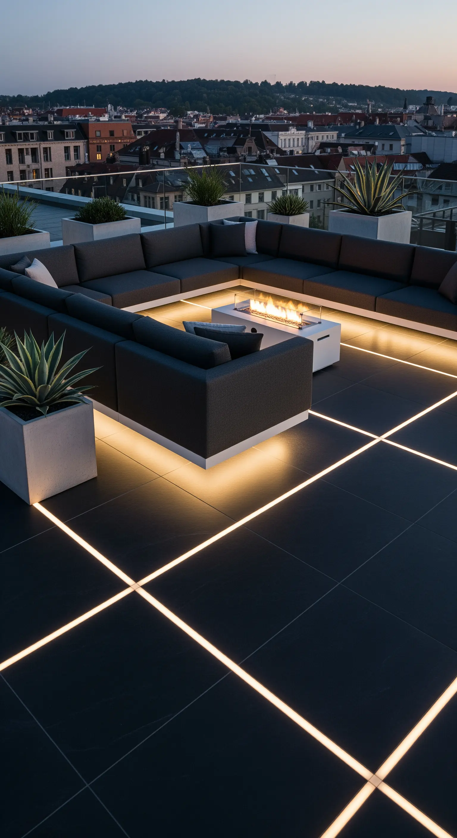 Terrazza moderna con pavimentazione illuminata da linee LED e divani modulari con fuoco centrale.