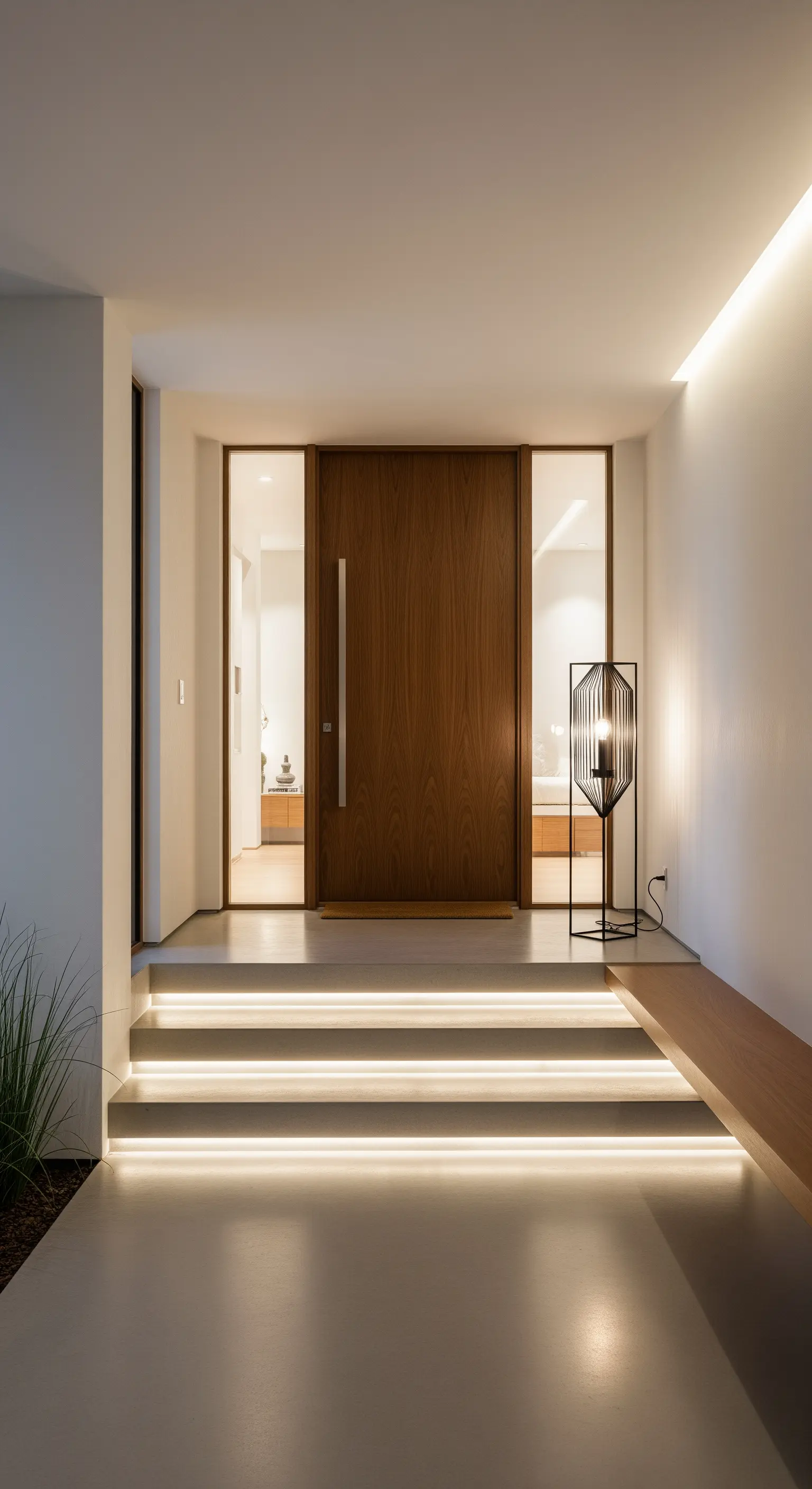 Ingresso minimalista con porta in legno, gradini illuminati da strisce LED e lampada di design.