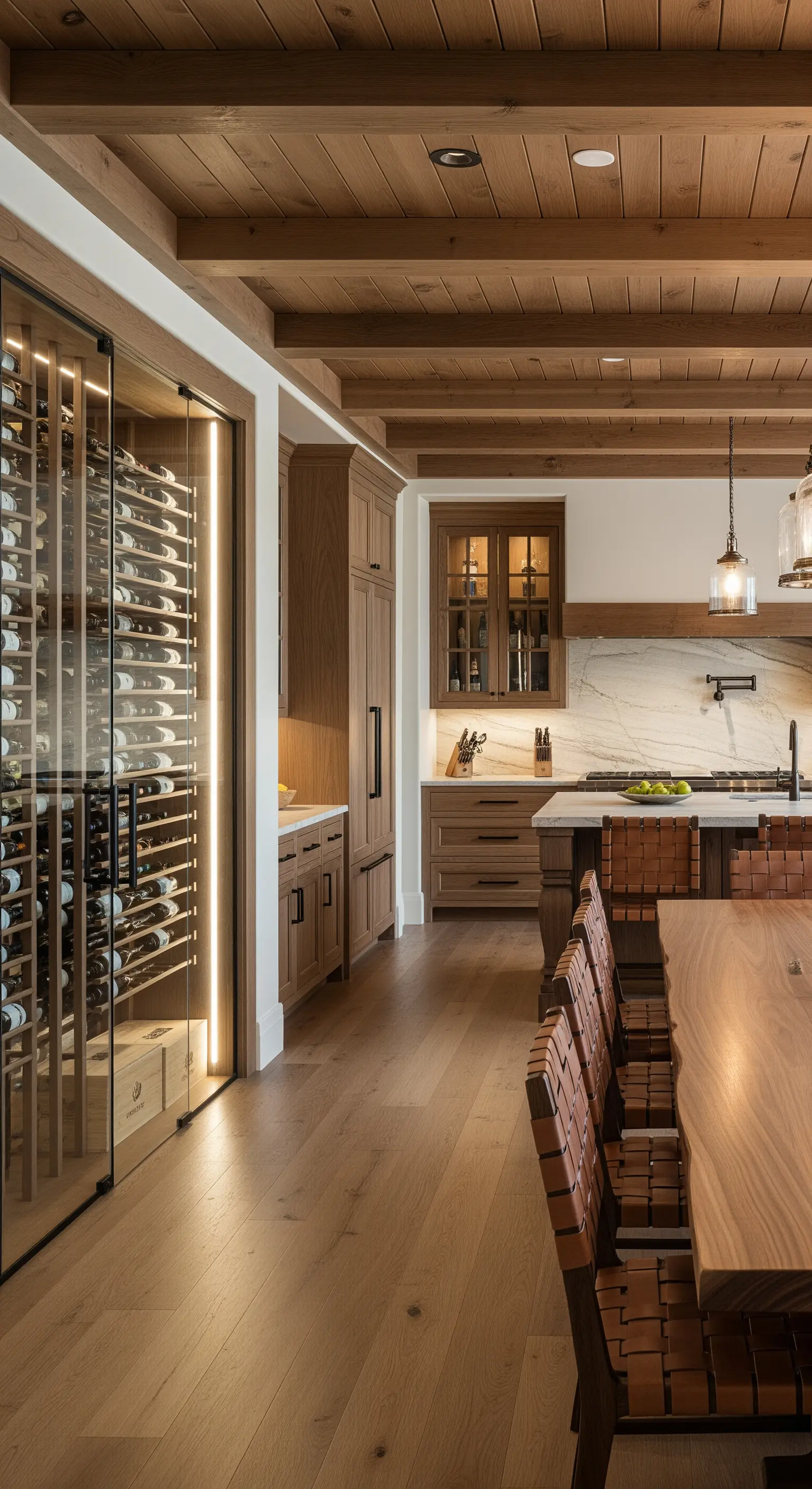 Cucina in legno con cantina vini a vista e moderno tavolo da pranzo.