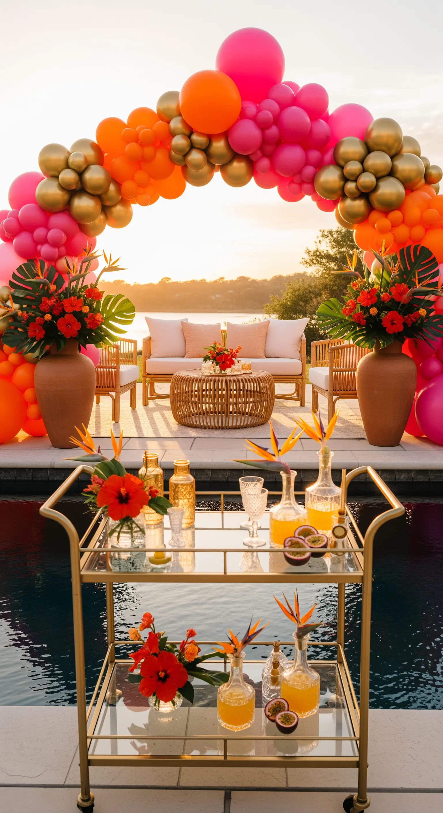 Allestimento tropicale a bordo piscina con arco di palloncini colorati e carrello bar dorato.