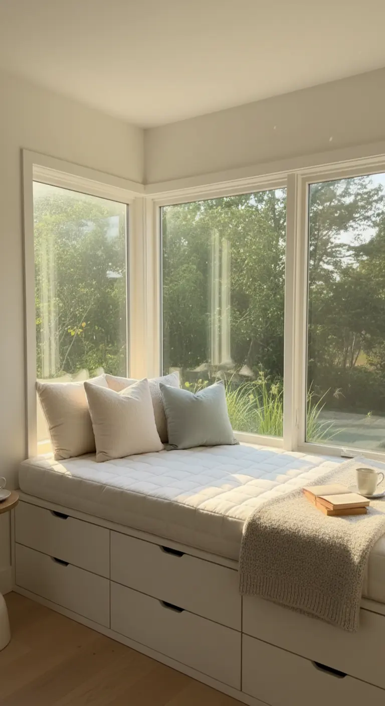 Daybed con cuscini e cassettoni integrati in un angolo finestra luminoso con vista sul verde.