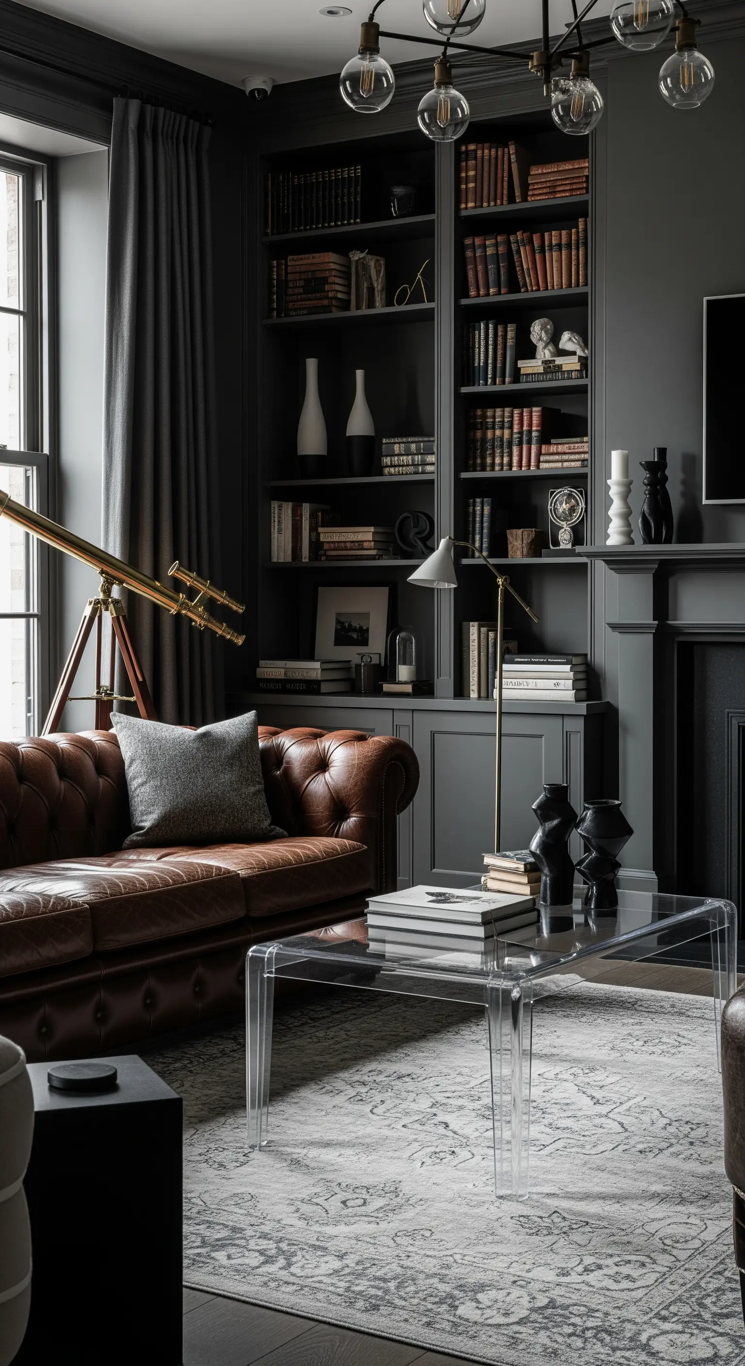 Salotto scuro con librerie a muro, divano Chesterfield in pelle e un tavolino in acrilico trasparente.
