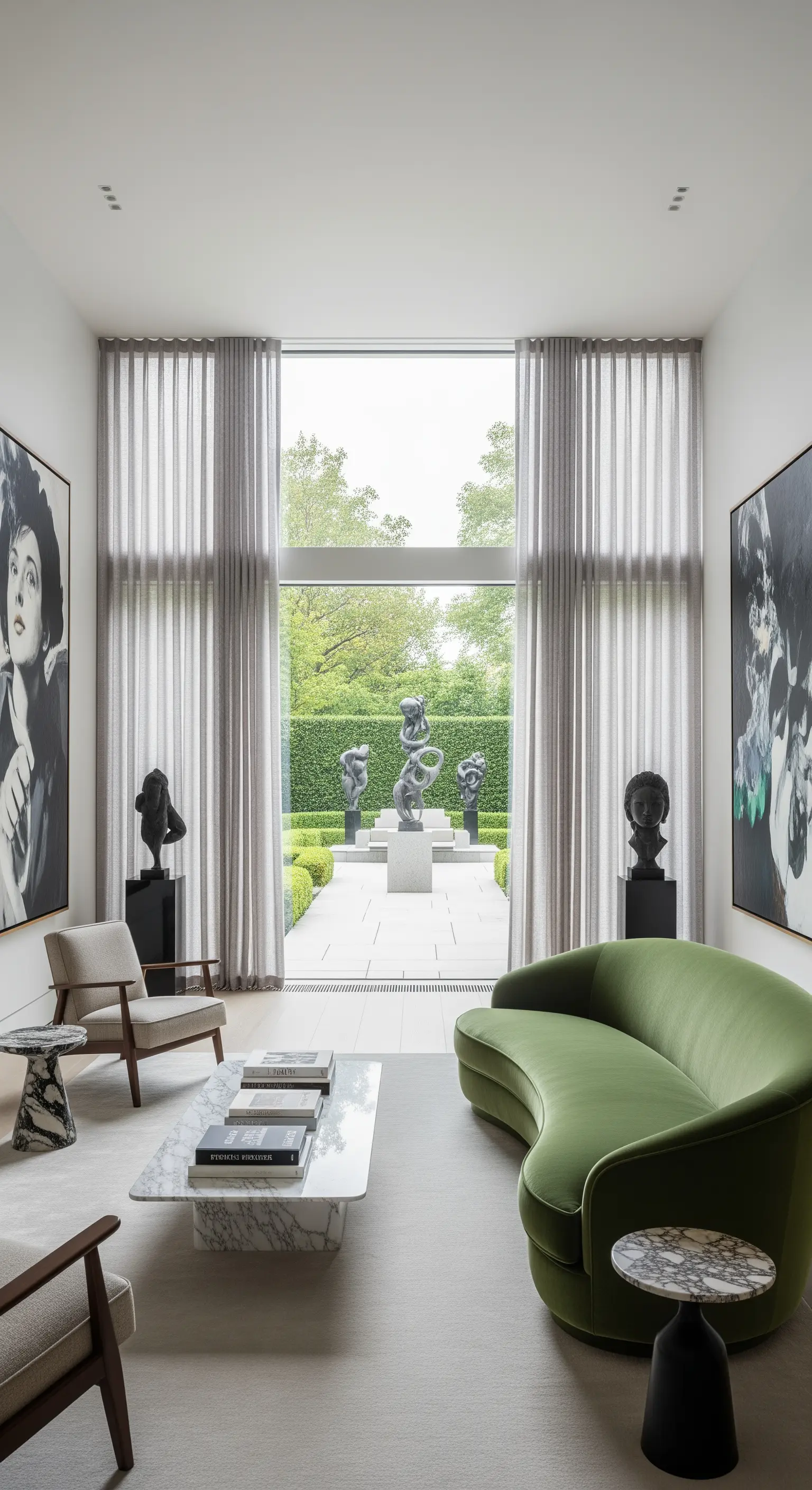 Salotto minimalista con divano verde curvo e grande finestra su un giardino di sculture.
