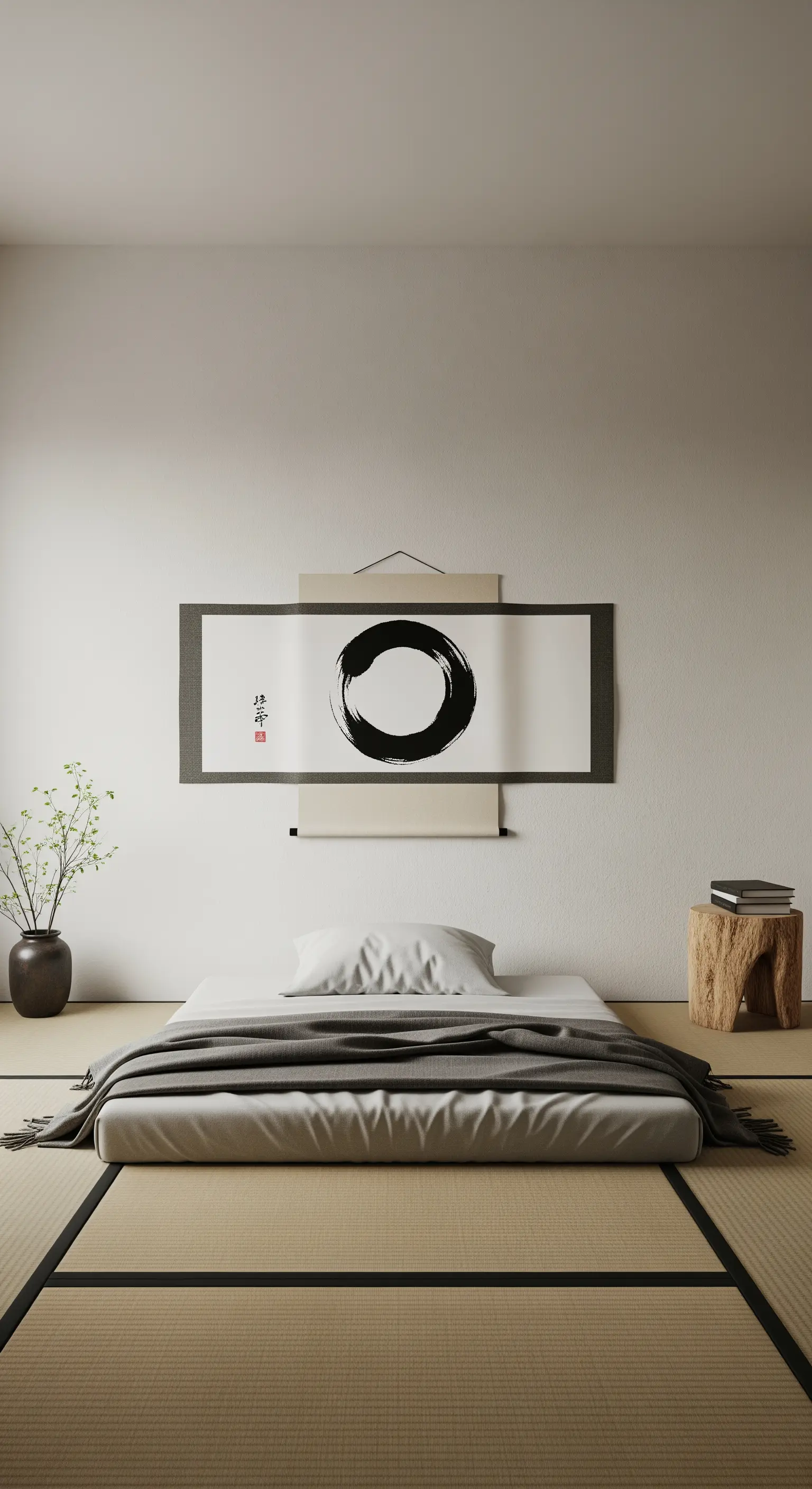 Rotolo di carta di riso con un cerchio Enso nero, appeso in una stanza da letto in stile giapponese.