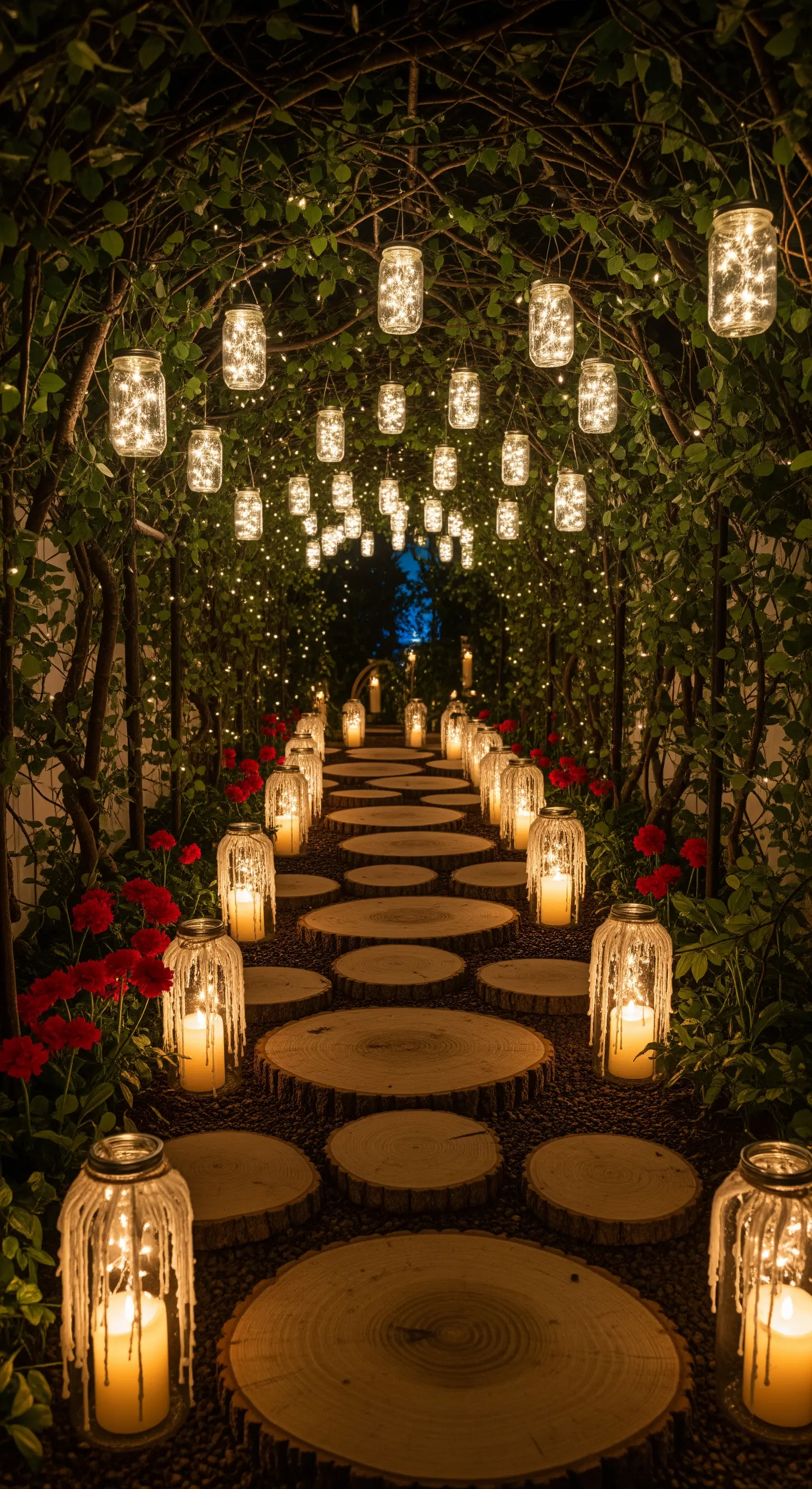 Sentiero coperto da un arco di piante e illuminato da barattoli sospesi e lanterne a terra.