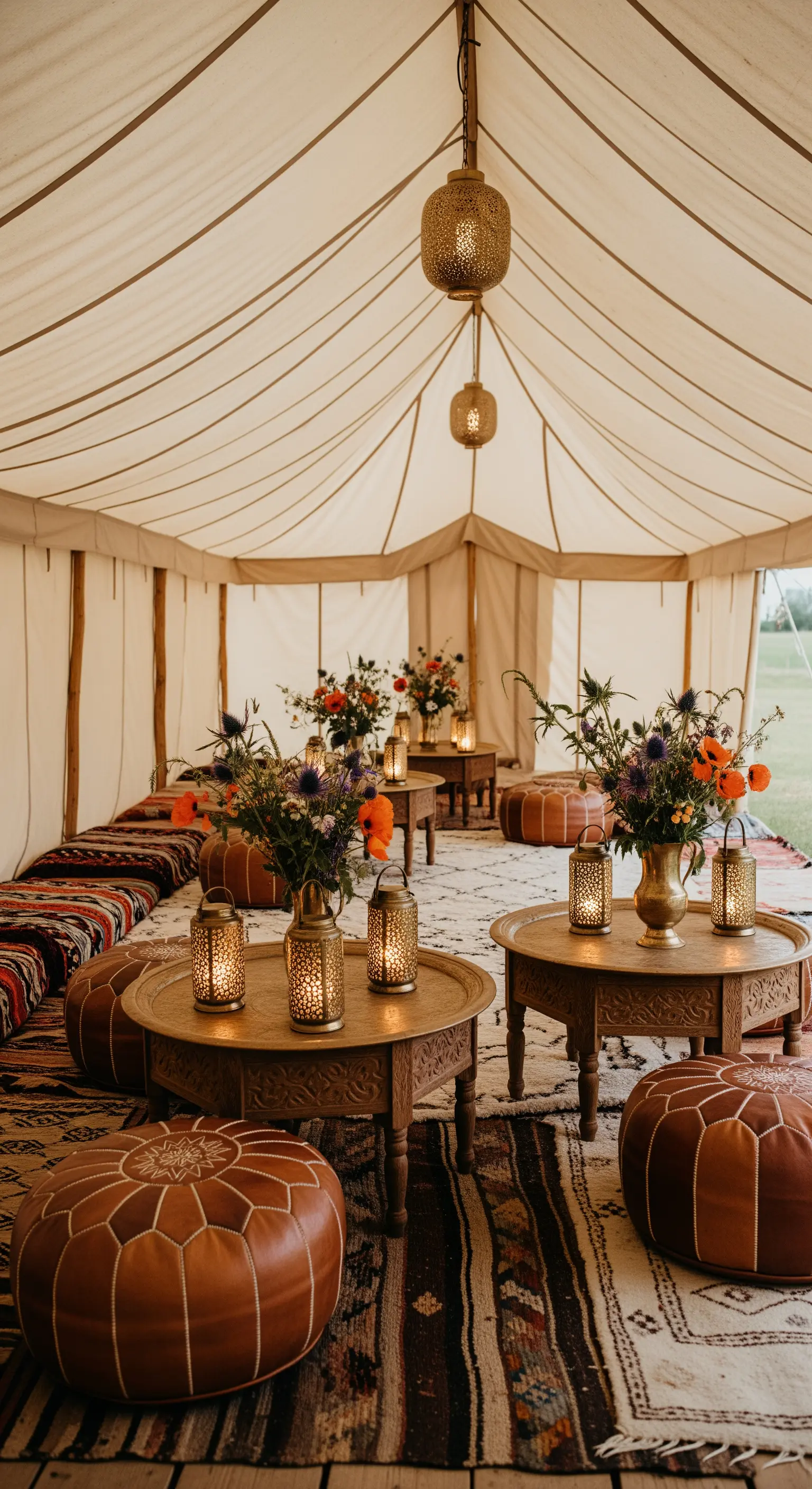 Interno di una tenda da glamping con pouf in pelle, tavolini bassi e tappeti etnici.
