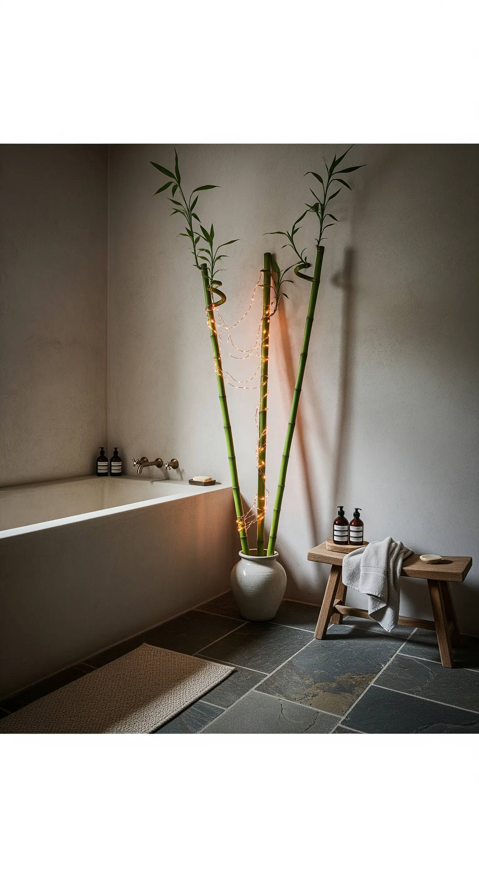 Steli di bambù in un vaso decorati con una stringa di luci calde in un bagno zen.
