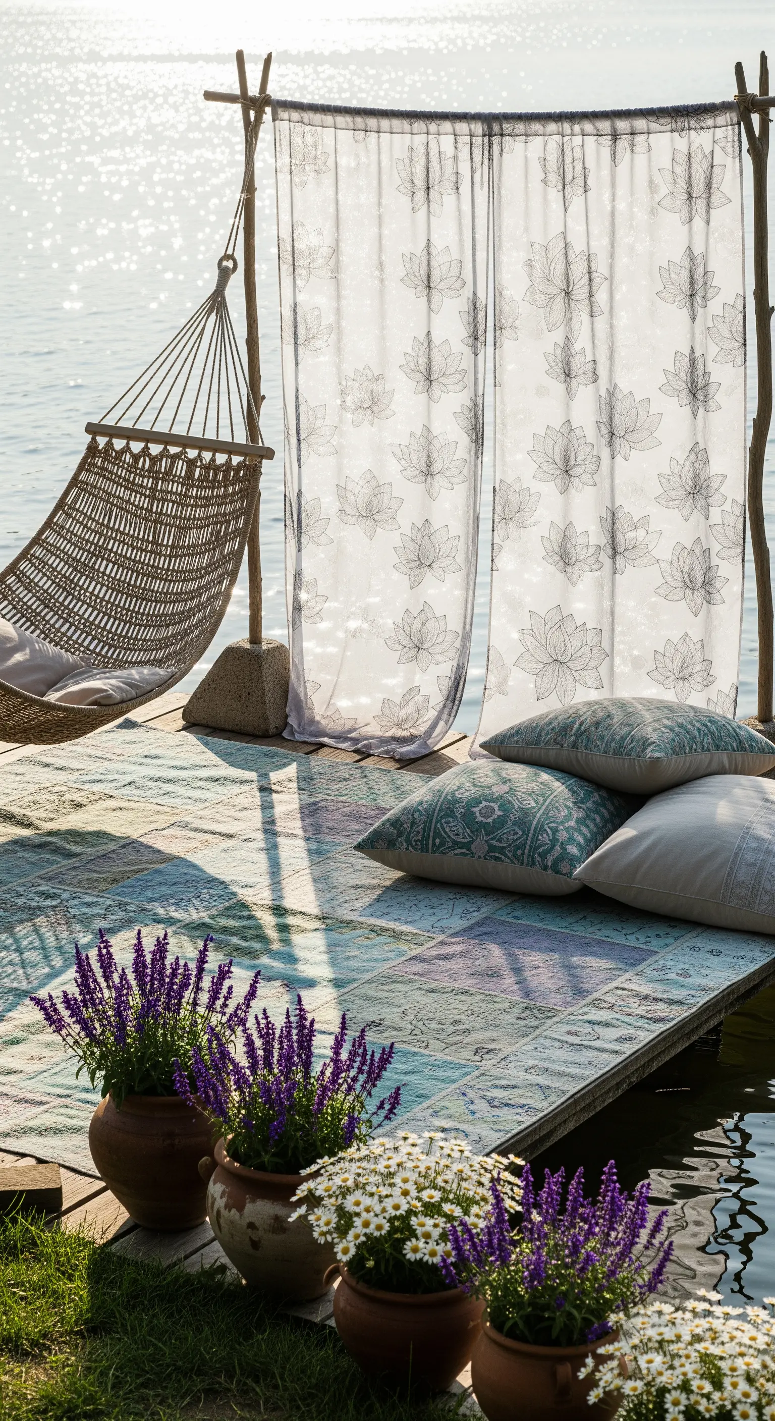 Molo sull'acqua con amaca, tenda leggera, tappeto patchwork e vasi di fiori.