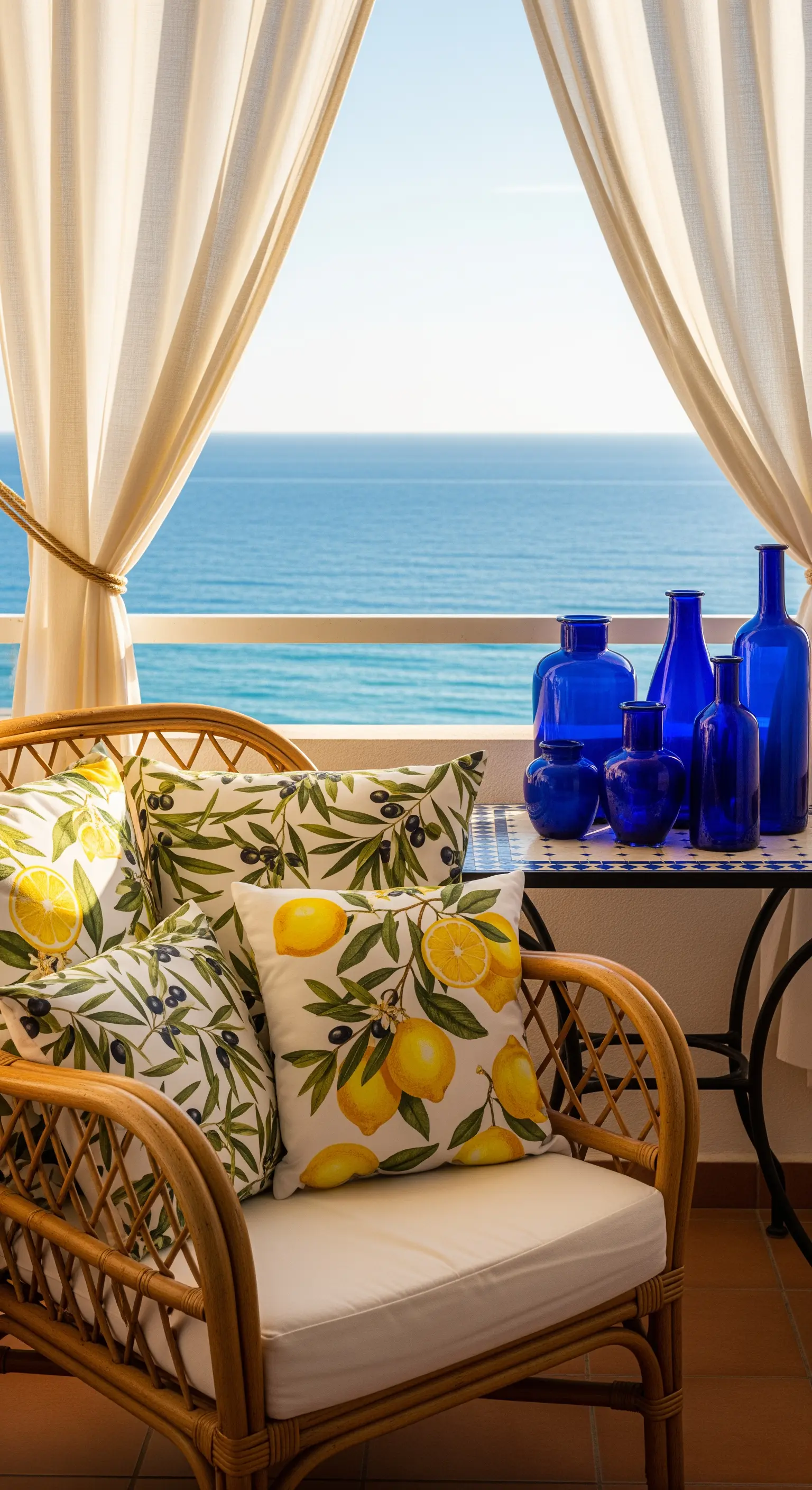 Poltrona in rattan con cuscini a stampa di limoni, affacciata sul mare, con vasi in vetro blu.