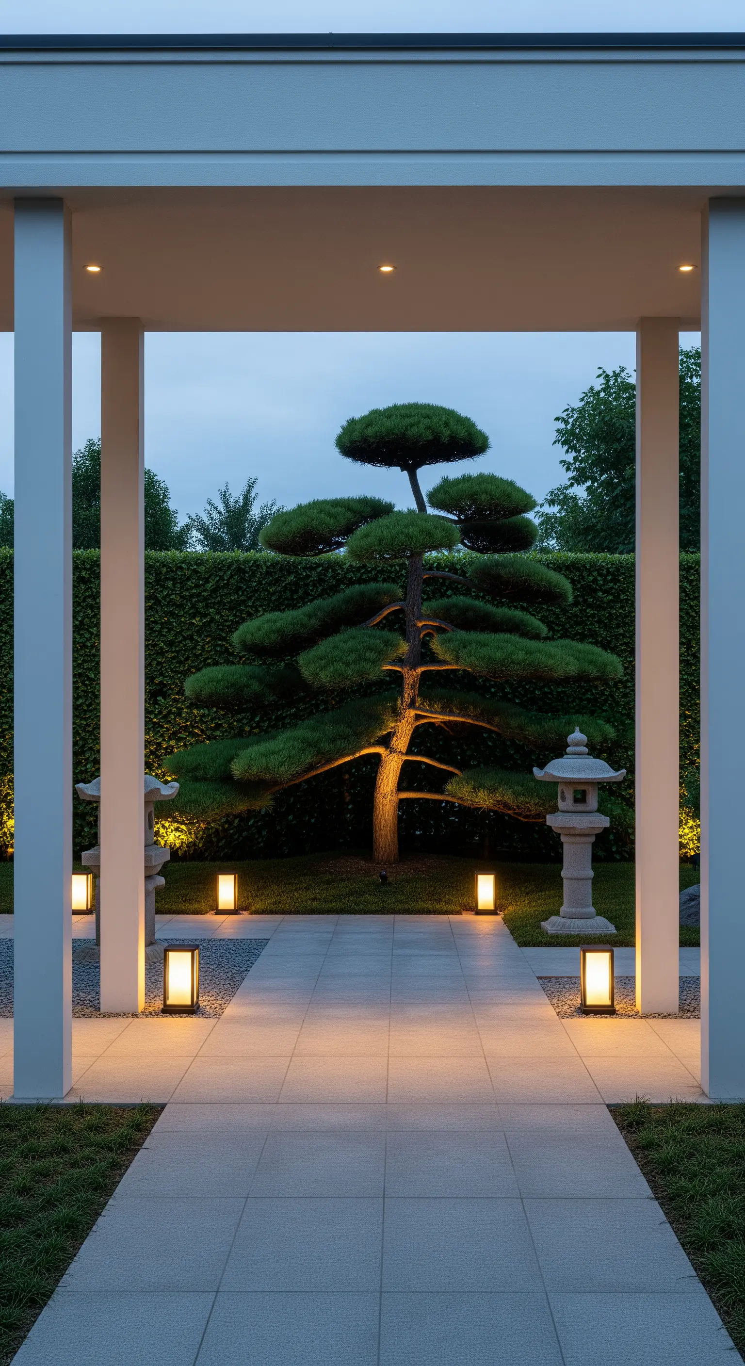 Portico minimalista bianco che si affaccia su un albero di pino potato in stile giapponese.