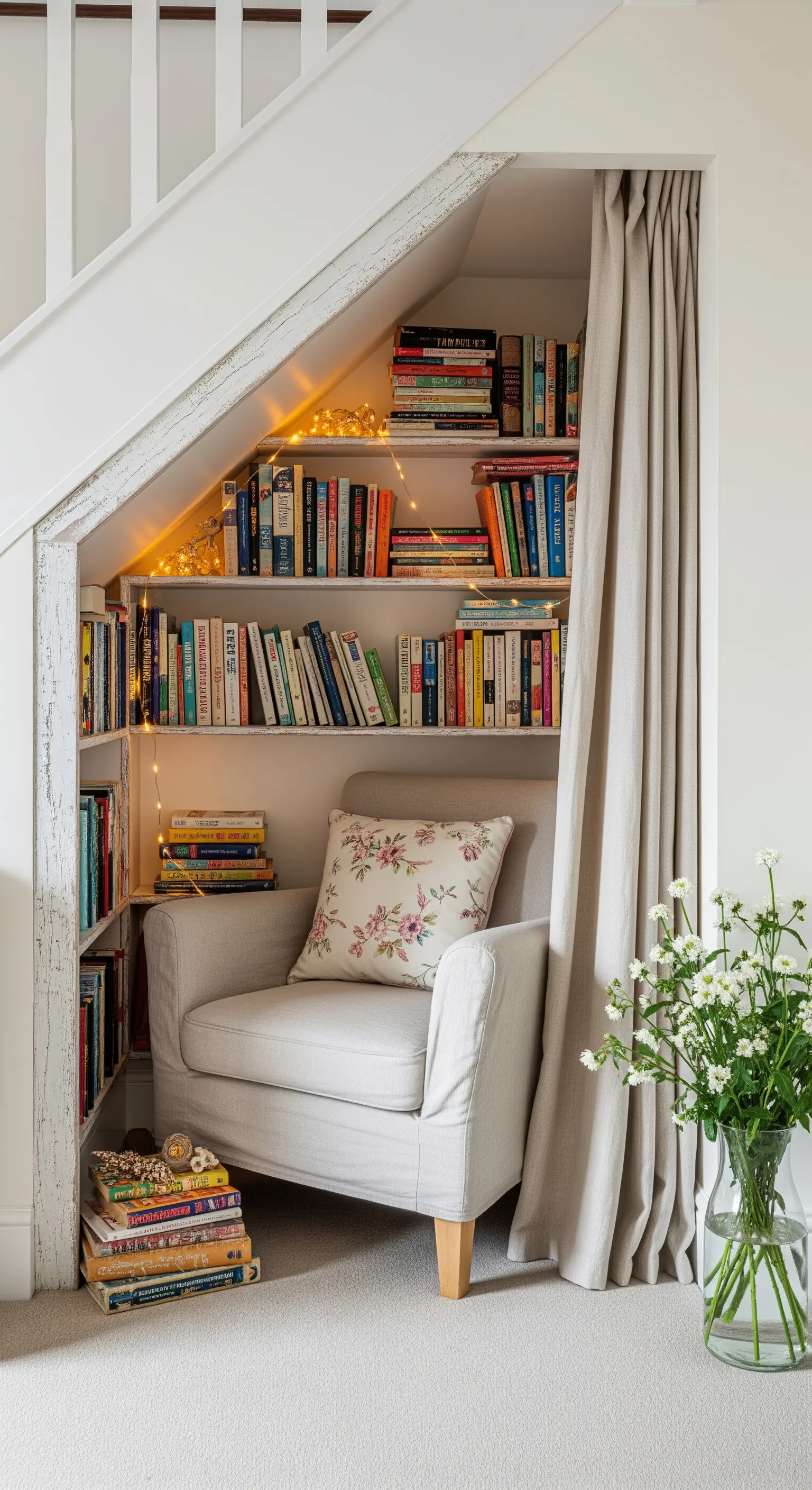 Angolo lettura nel sottoscala con poltrona, libreria, tenda e lucine decorative.