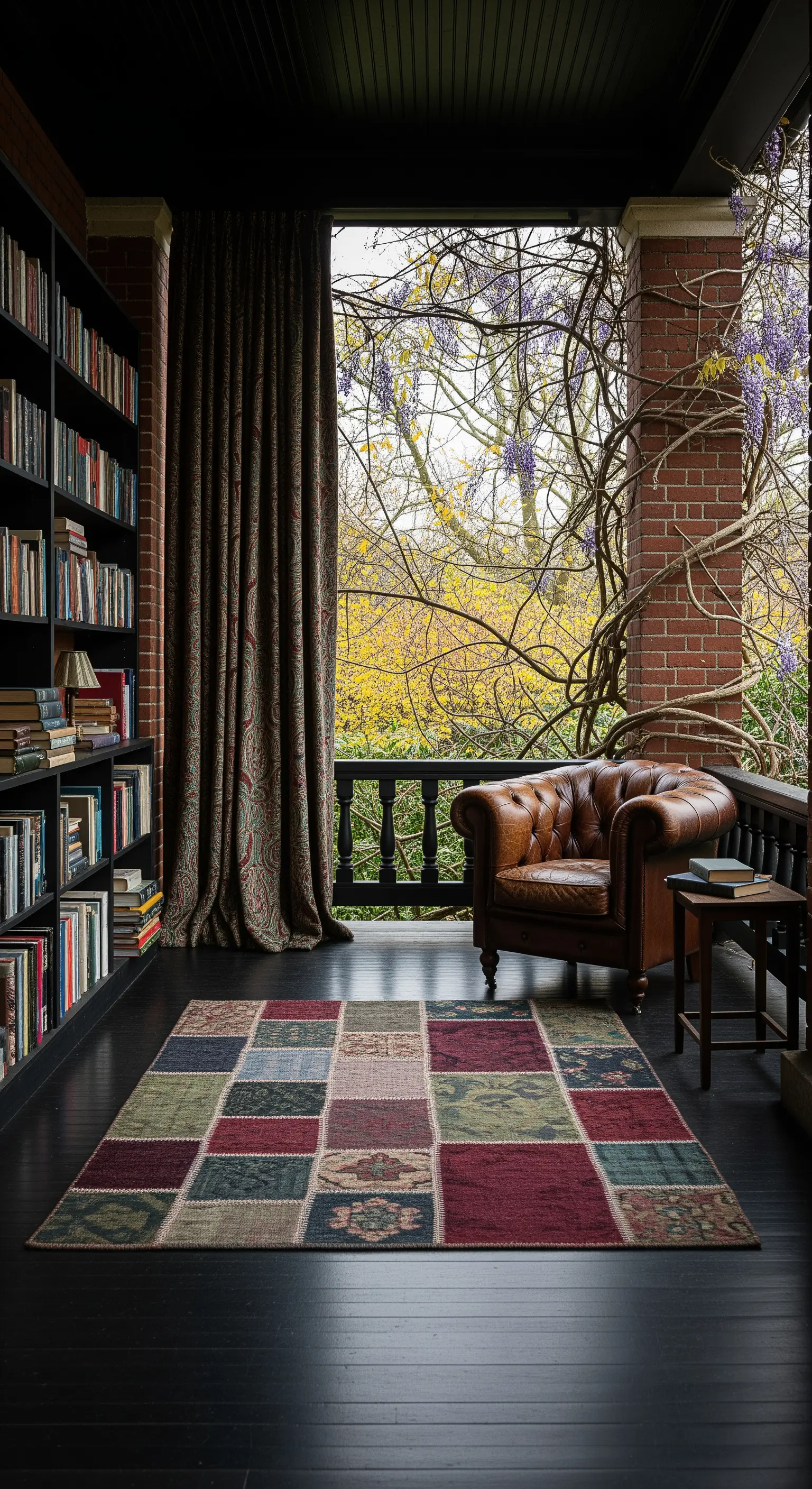 Portico trasformato in biblioteca con libreria, poltrona in pelle e tappeto patchwork.
