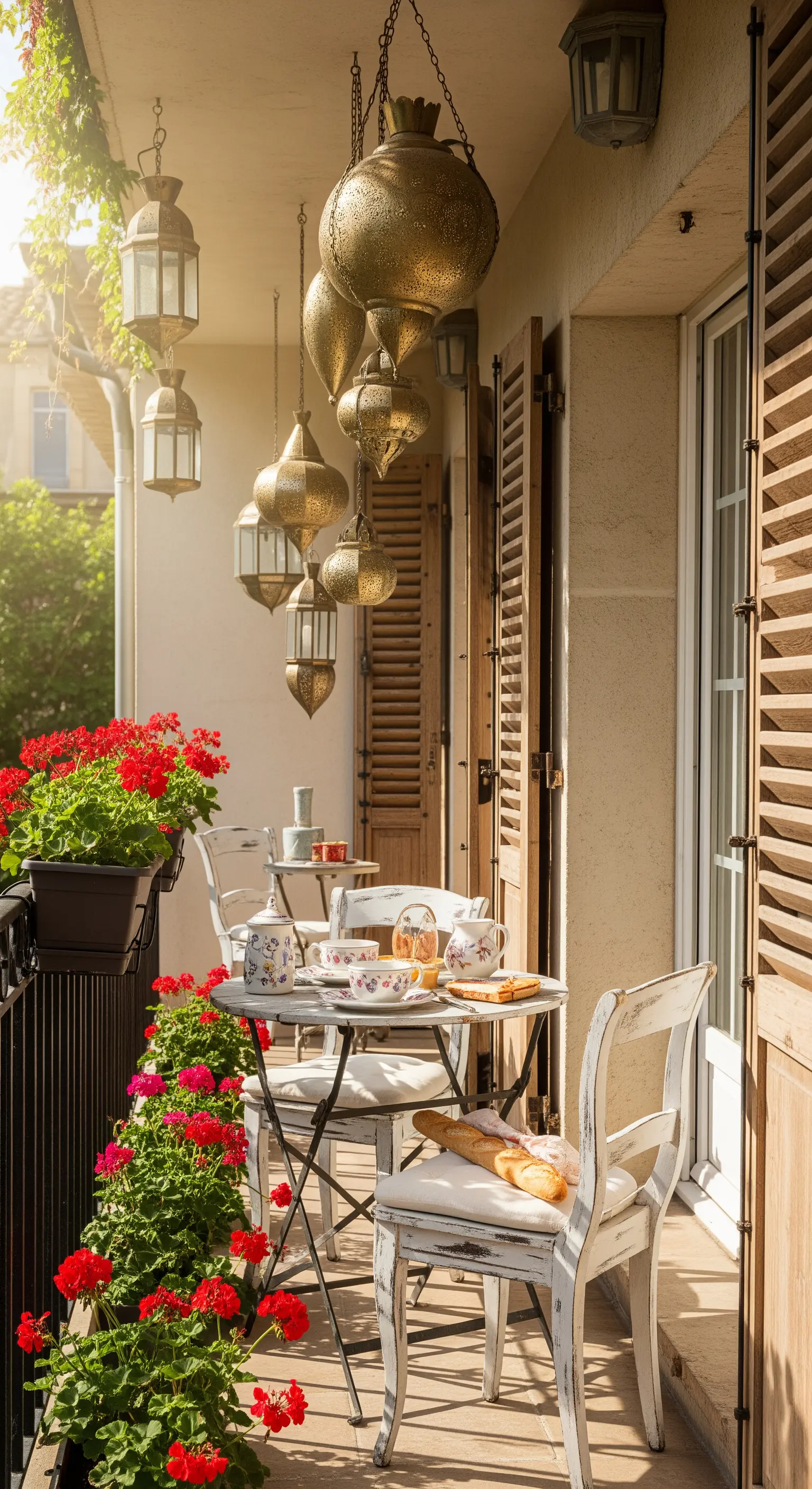 Balcone in stile parigino con sedie bianche, gerani rossi e lanterne marocchine sospese.