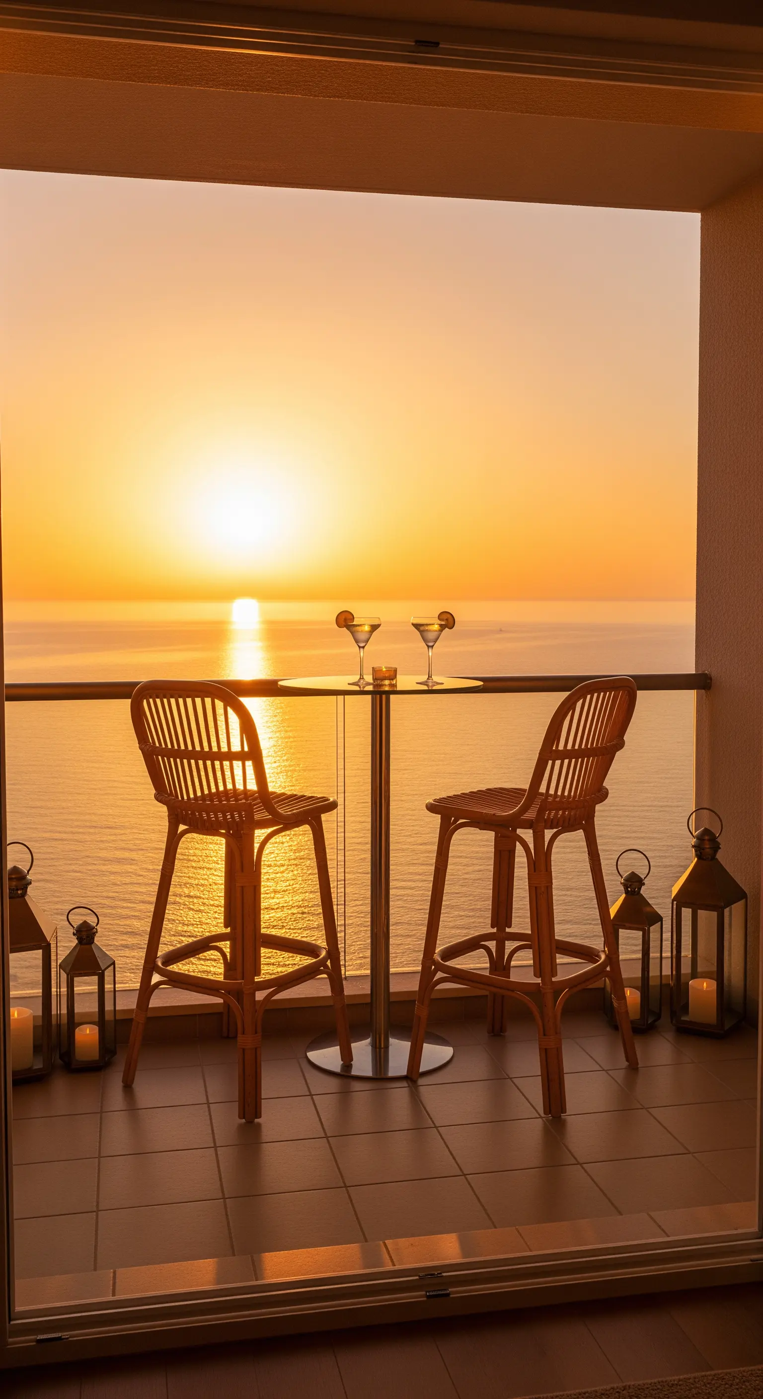 Balcone affacciato sul mare al tramonto con un tavolo alto, sgabelli e lanterne.