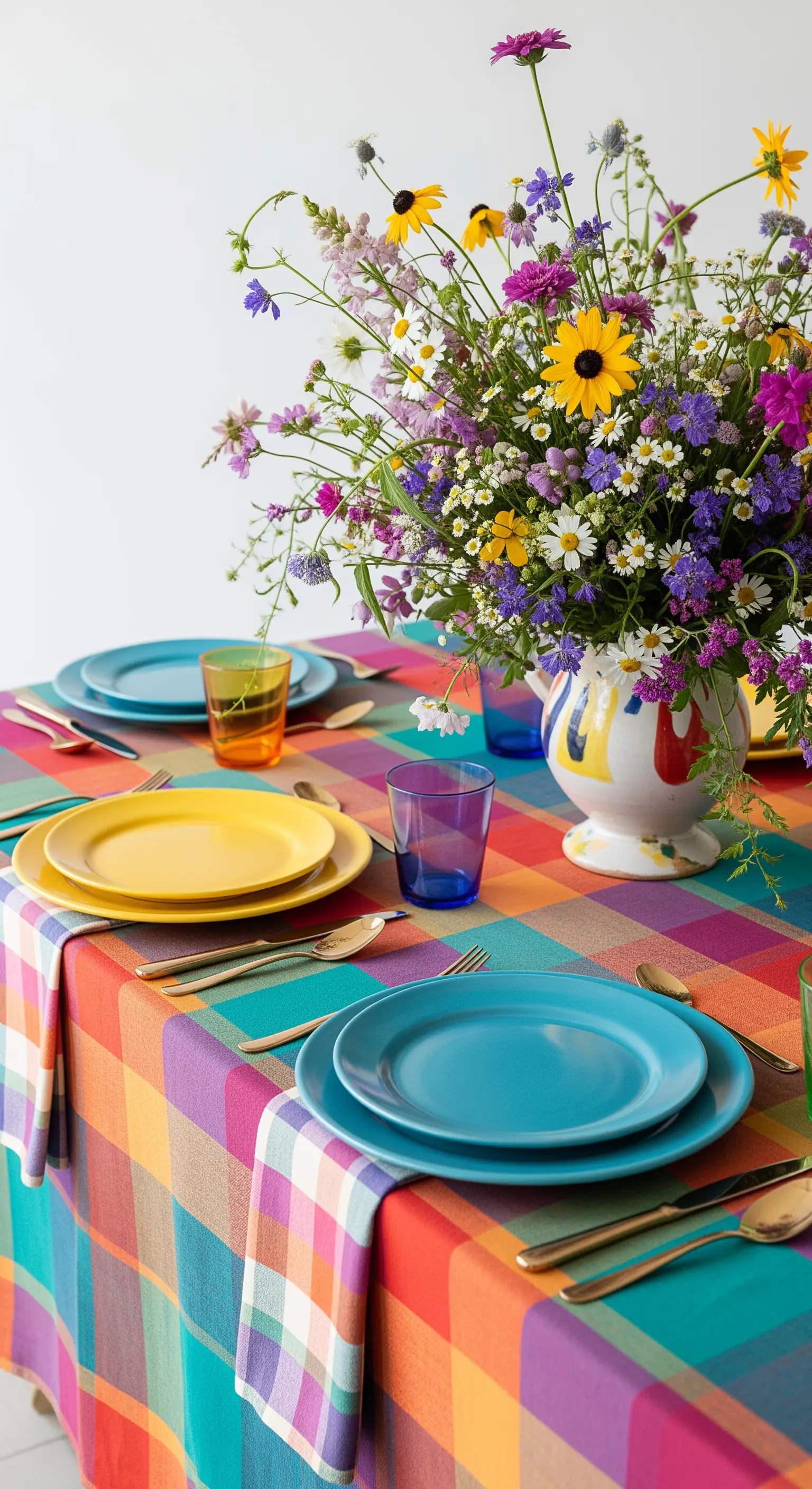 Tavola coloratissima con tovaglia a quadri multicolore e piatti di tinte diverse.