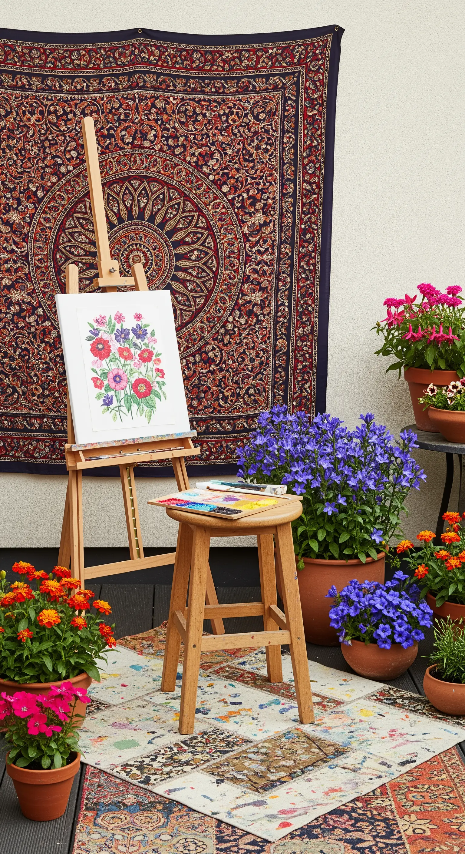 Angolo per dipingere su un balcone, con cavalletto, arazzo appeso e tanti vasi di fiori colorati.