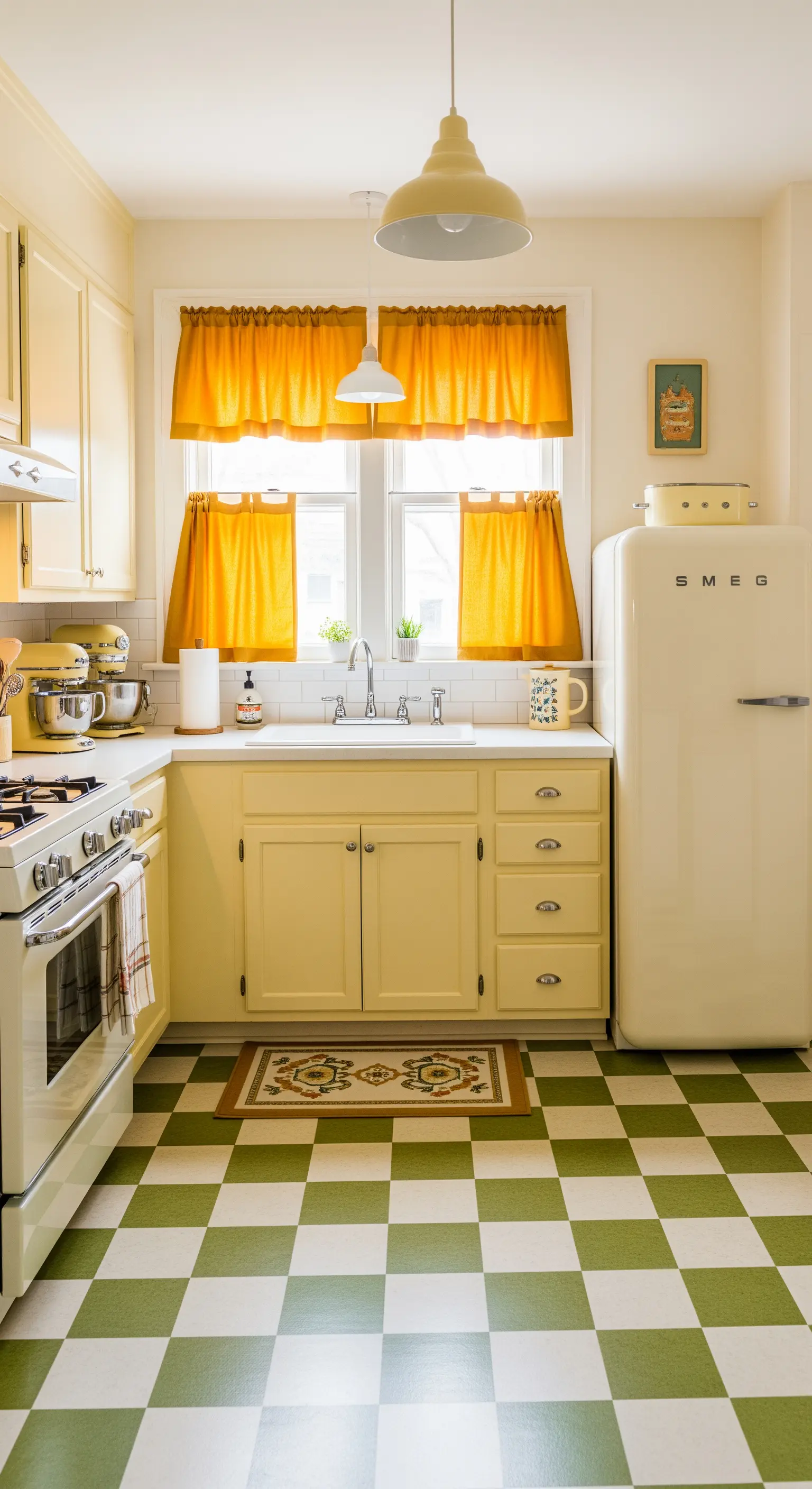 Cucina in stile retrò con pavimento a scacchi verdi e tende color senape.