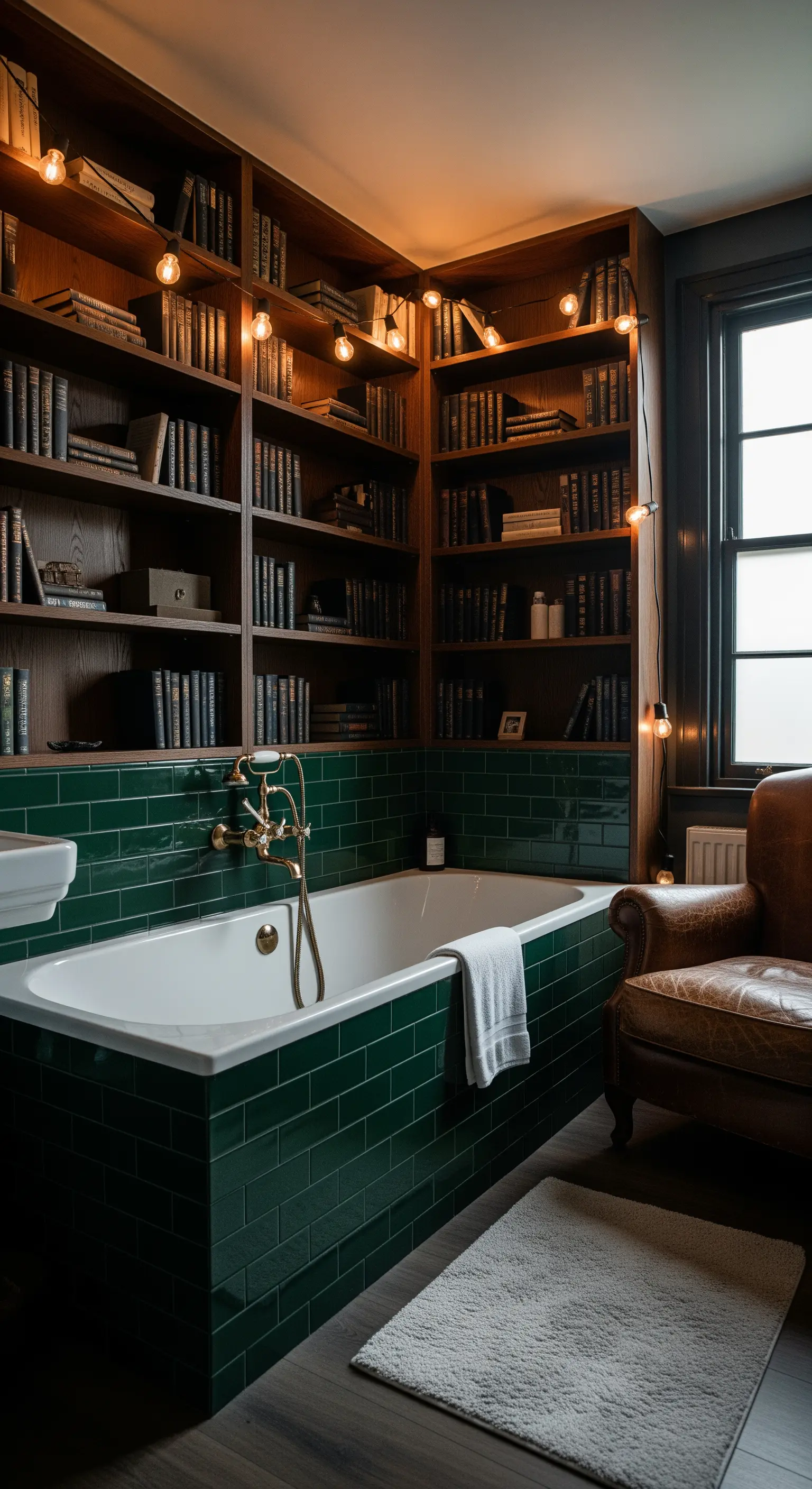 Vasca da bagno circondata da librerie in legno scuro illuminate da lucine calde.