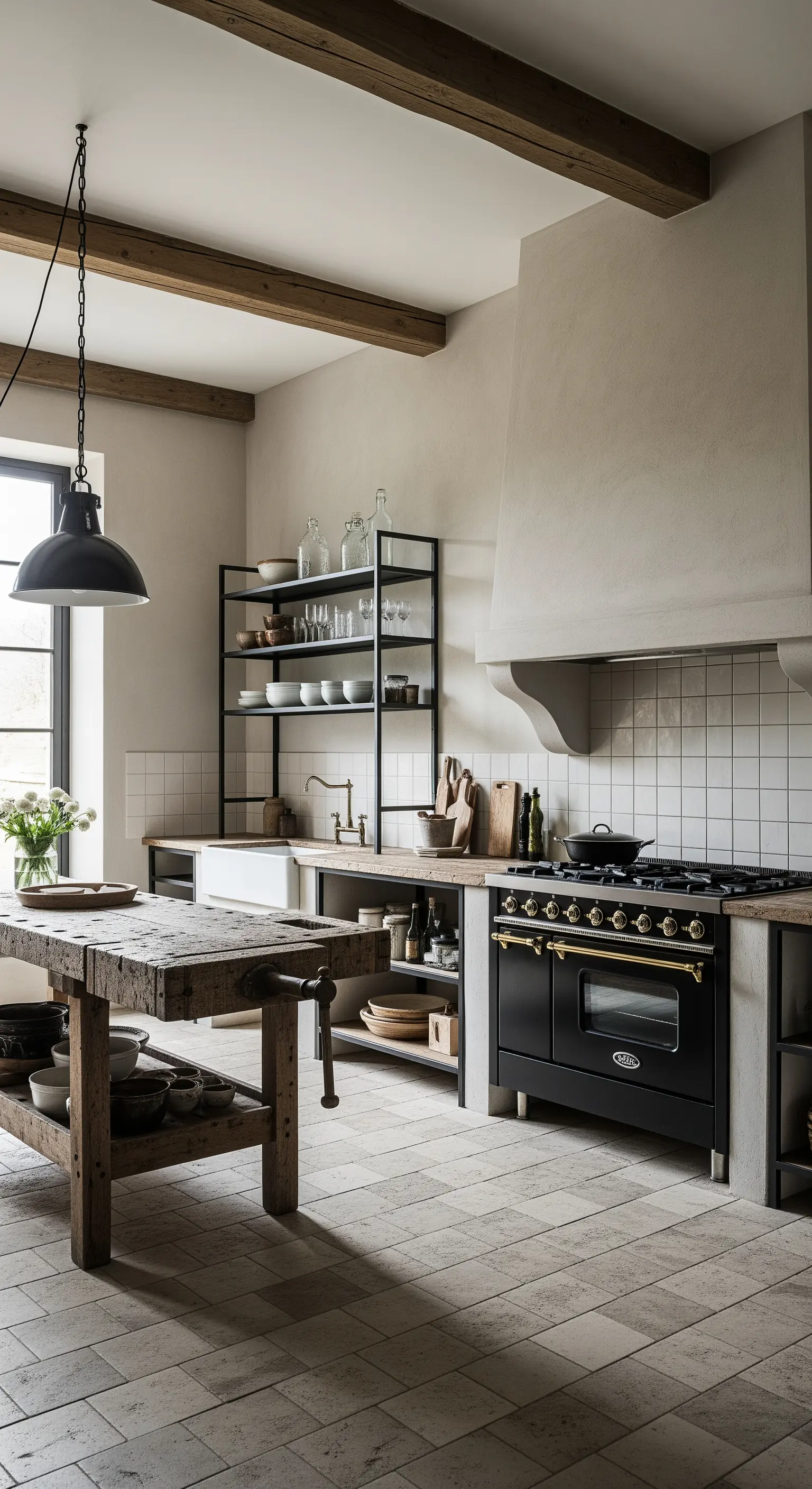 Cucina rustica con un vecchio banco da lavoro in legno massello usato come isola centrale.