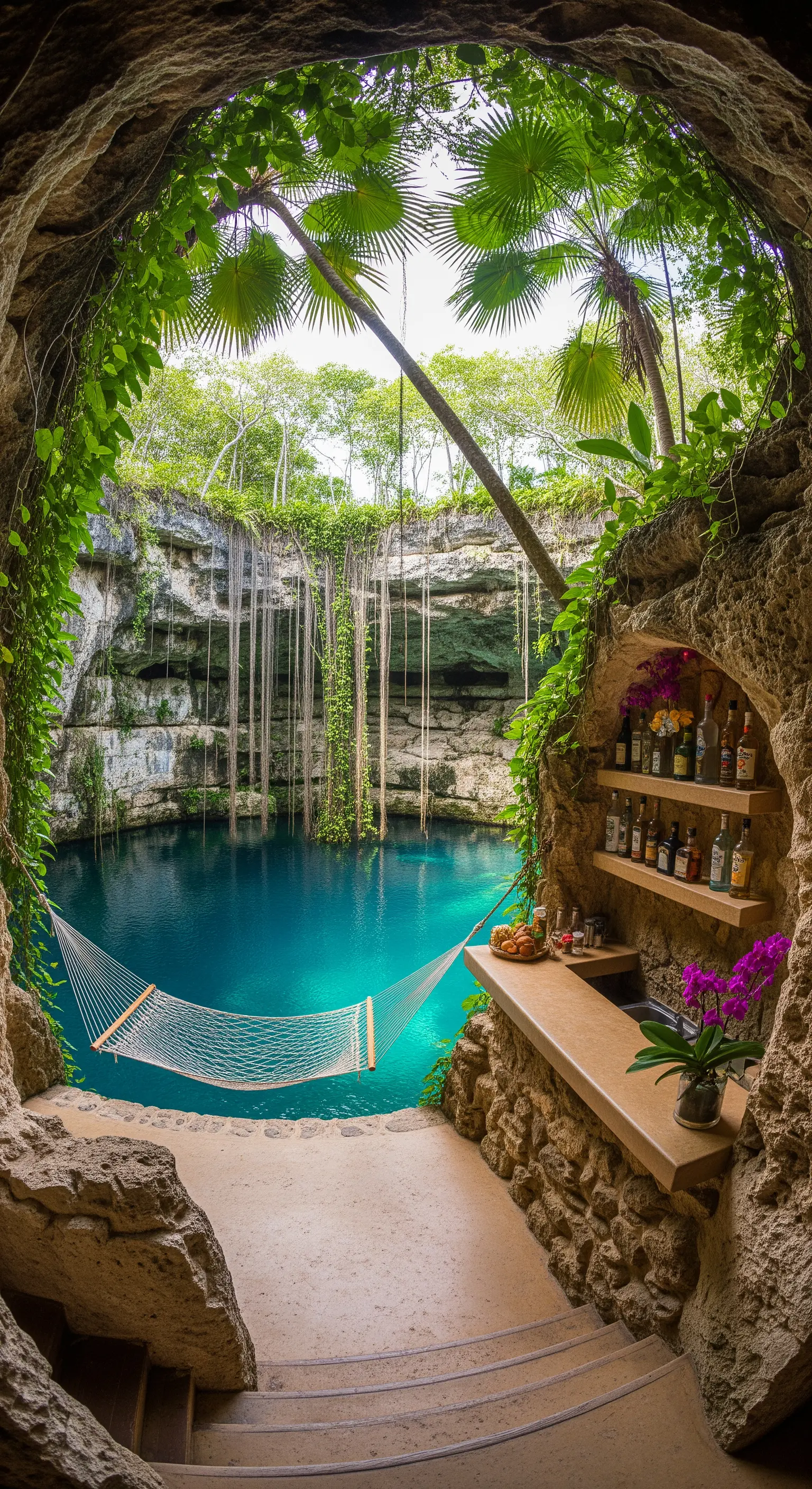 Bar scavato nella roccia all'ingresso di una grotta, con un'amaca sospesa su un cenote