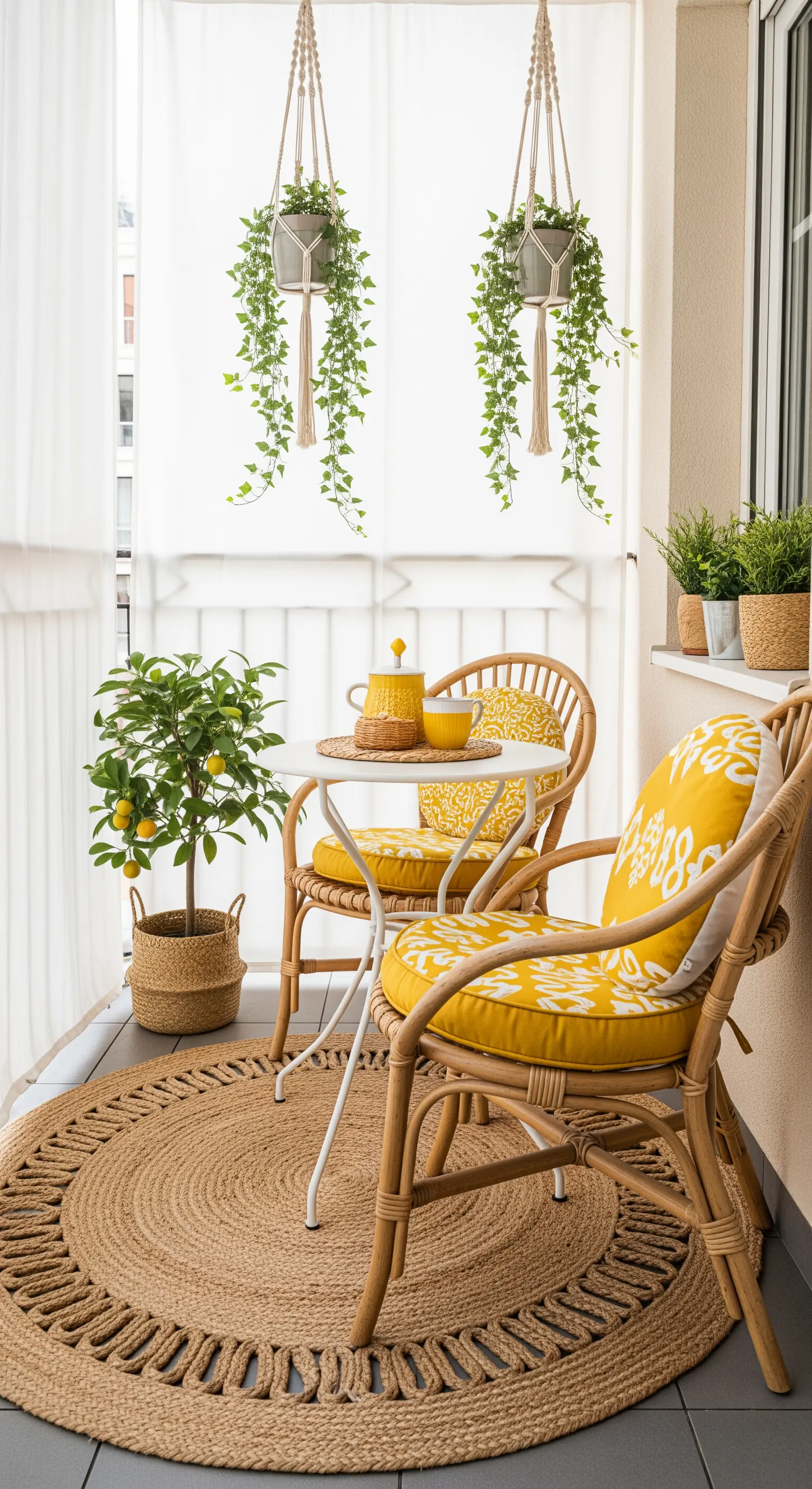 Balcone piccolo con tavolino e sedie in rattan, cuscini gialli e tappeto di iuta.