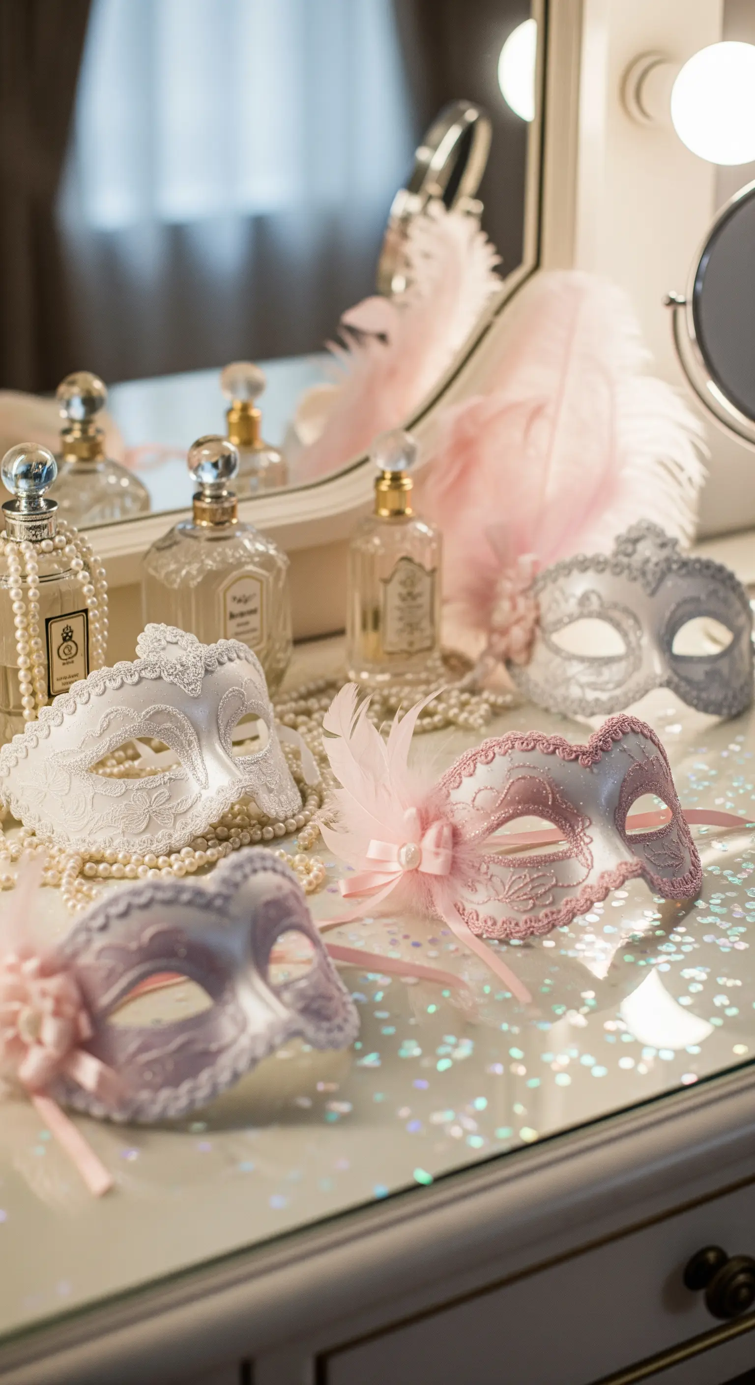 Maschere di Carnevale rosa e bianche su una toeletta con perle e profumi.