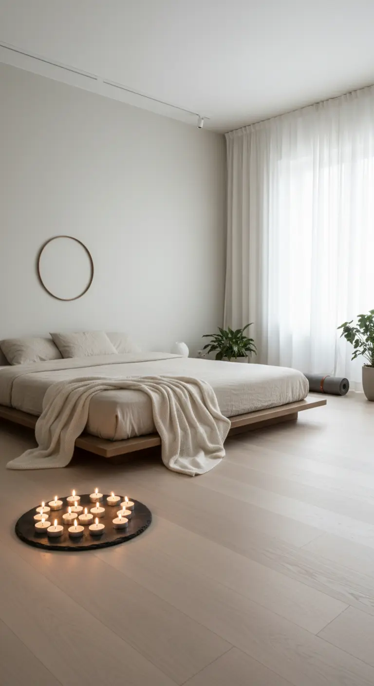 Camera da letto minimalista con letto basso e un cerchio di candele accese a terra su un vassoio.
