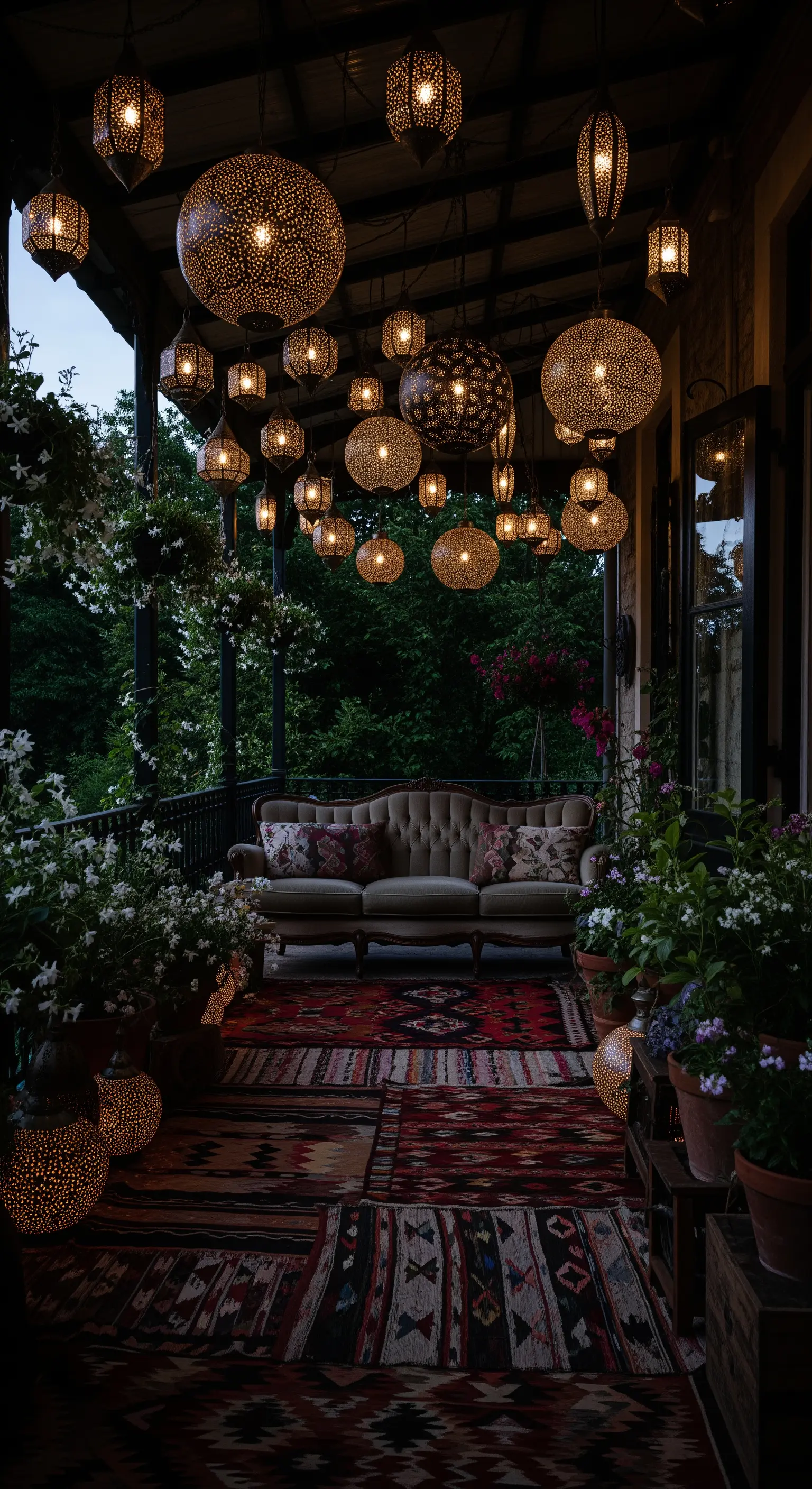 Portico buio illuminato da decine di lanterne marocchine sospese e a terra, con tappeti kilim.