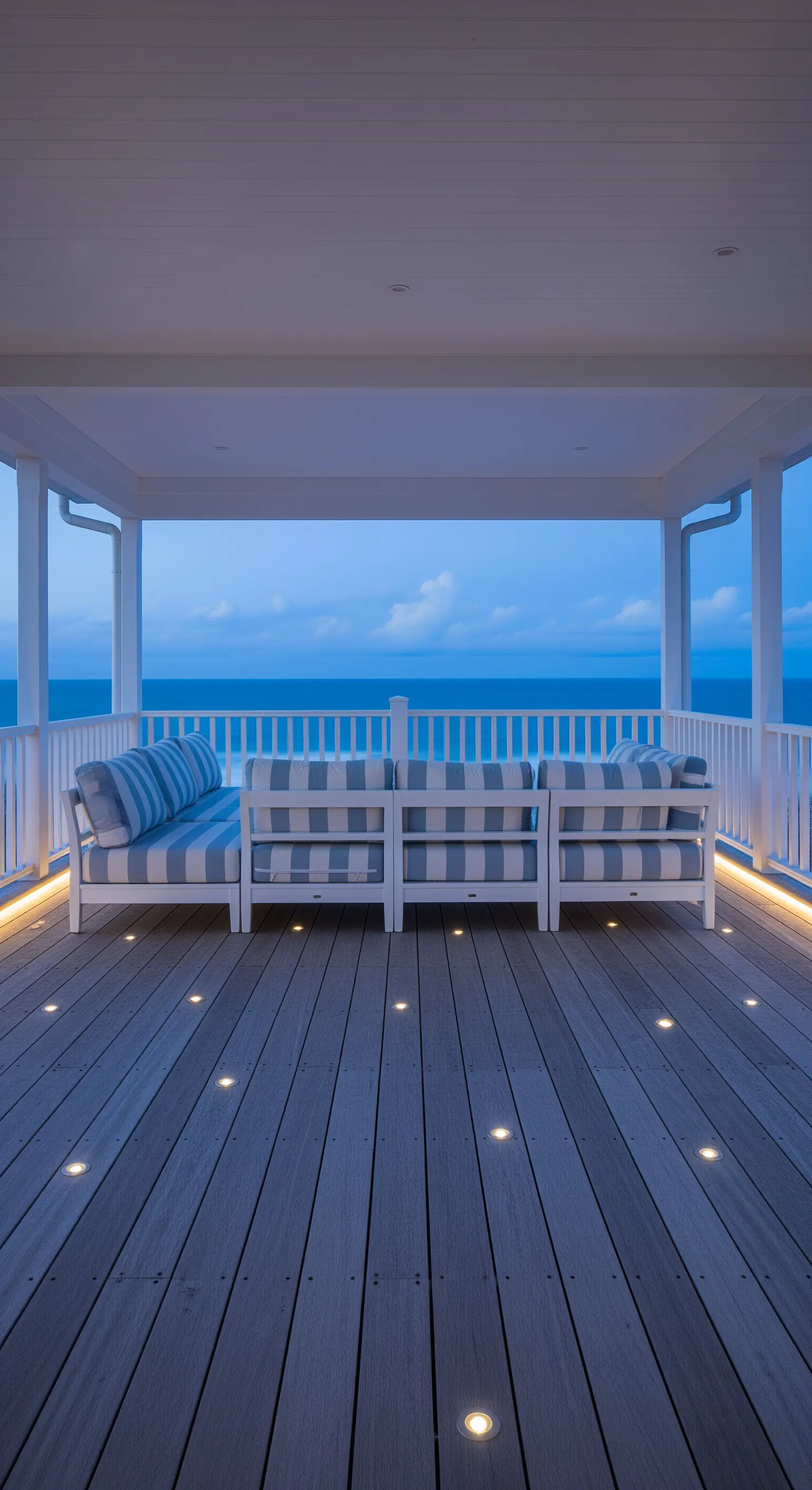 Portico con pavimento in legno e piccoli faretti a incasso; sullo sfondo il mare al crepuscolo.