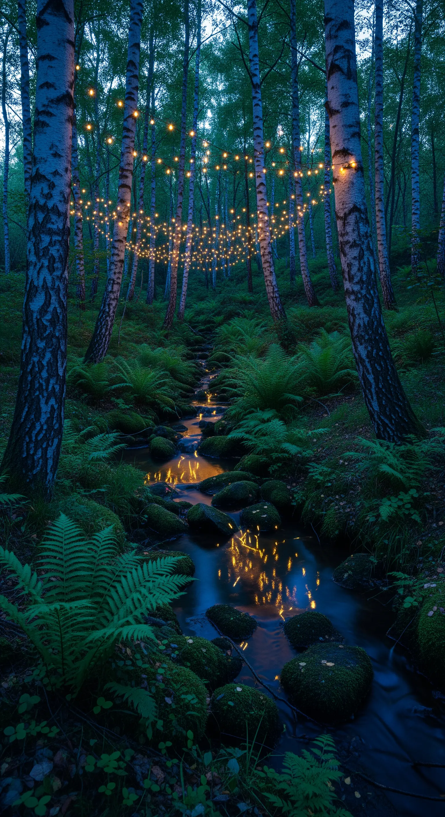 Catenarie di luci calde sospese tra le betulle sopra un ruscello nel bosco.