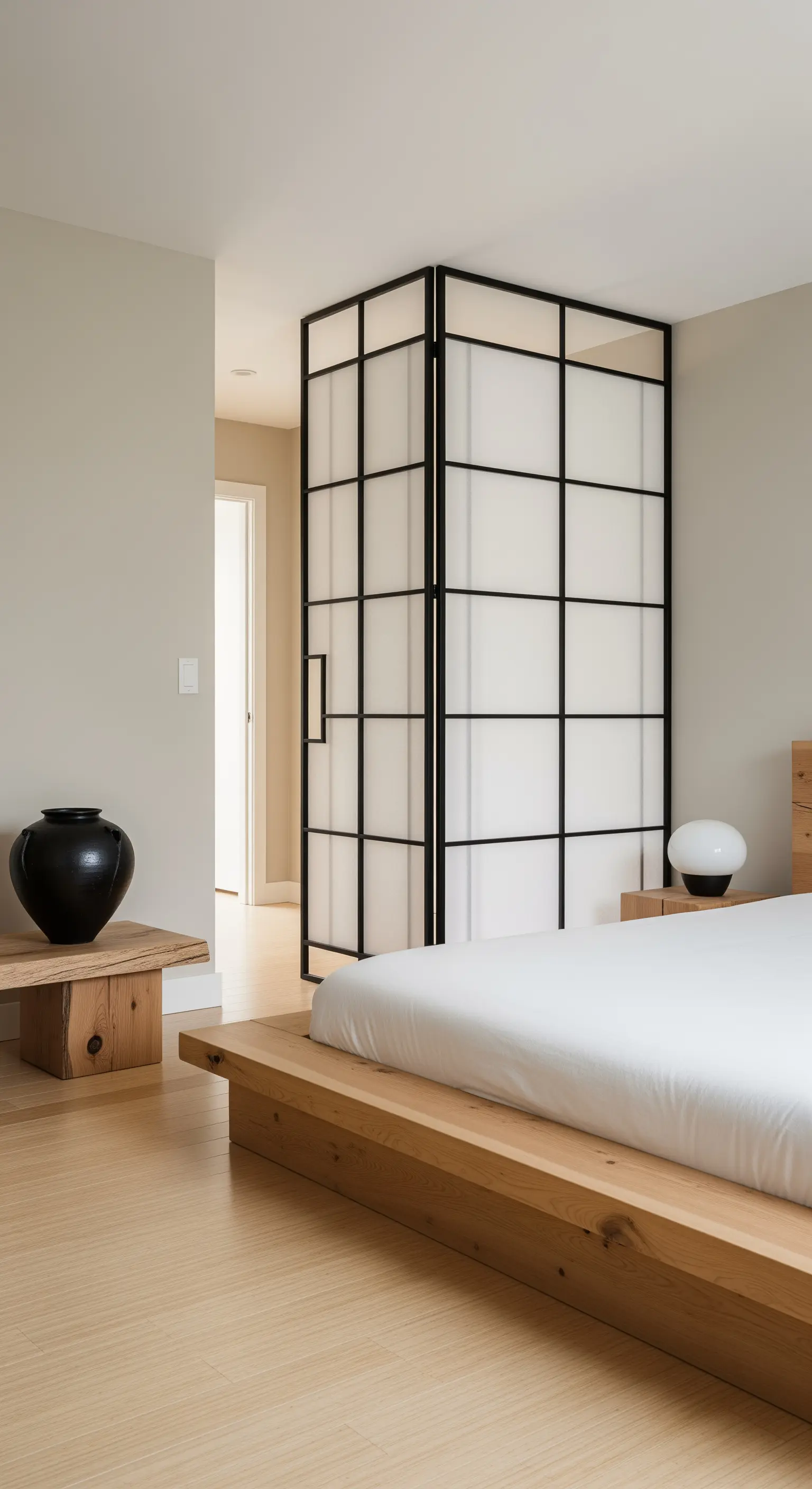 Letto basso in legno in una camera minimalista con un divisorio nero in stile shoji.