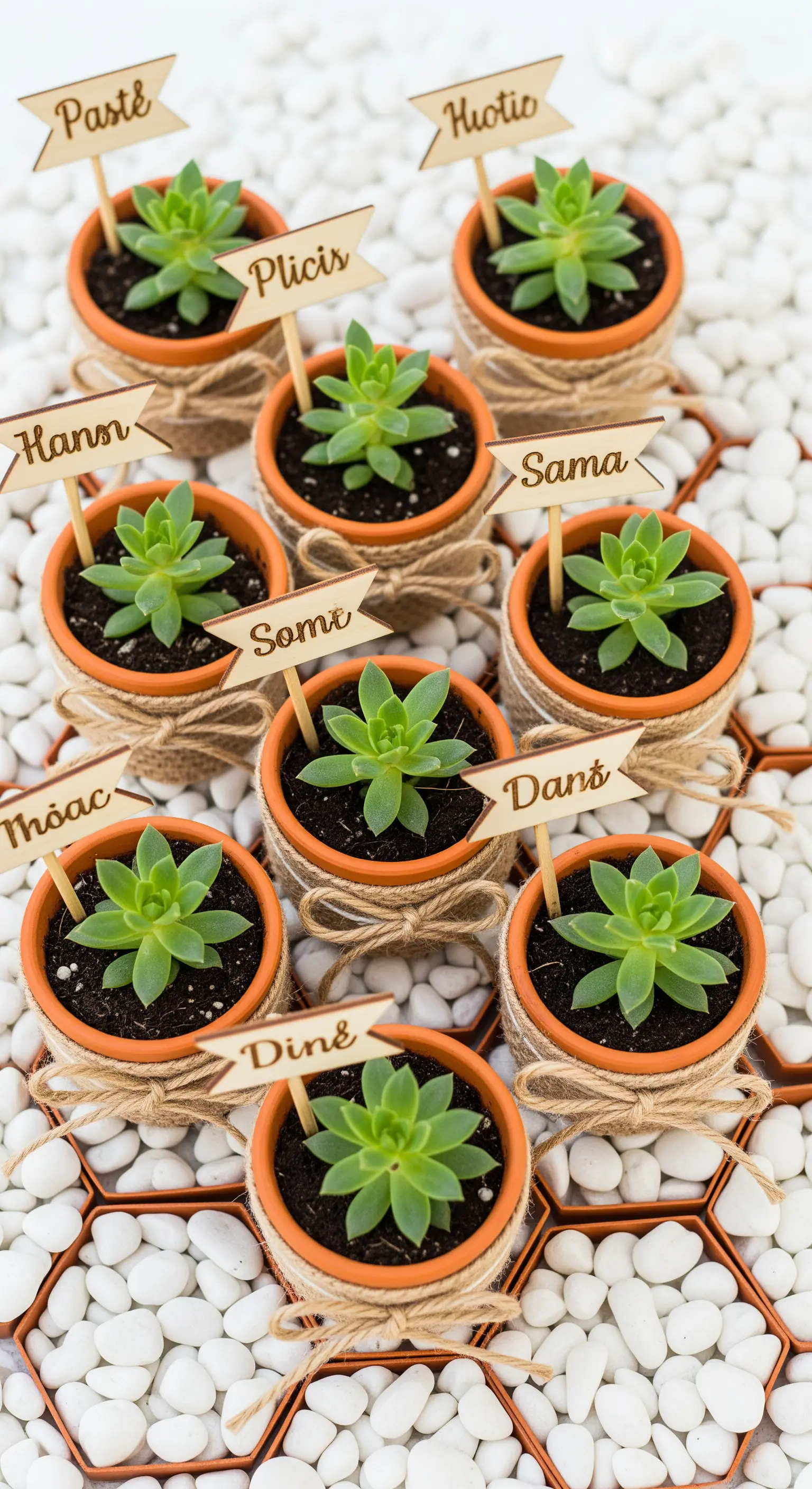 Piccole piante succulente in vasetti di terracotta decorati con juta e segnaposto con nomi.