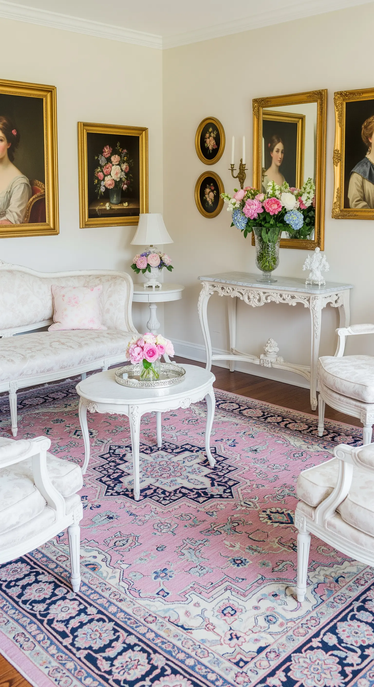 Salotto romantico con mobili bianchi in stile Rococò e un tappeto persiano rosa.