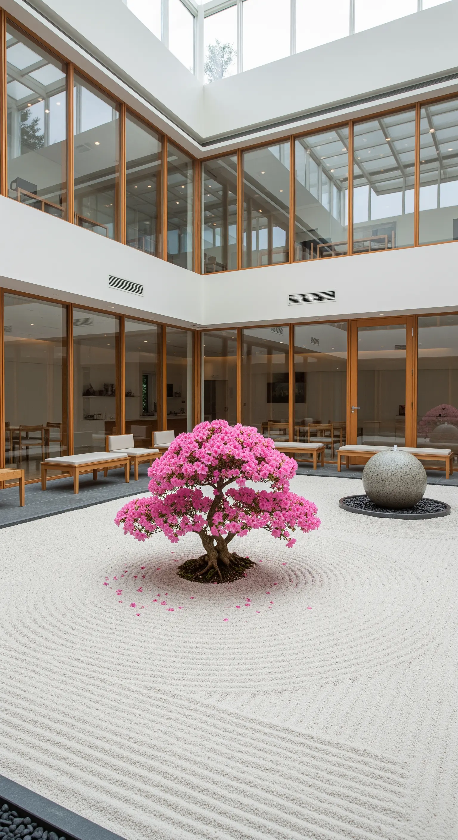 Cortile interno con sabbia bianca rastrellata e un'azalea rosa al centro