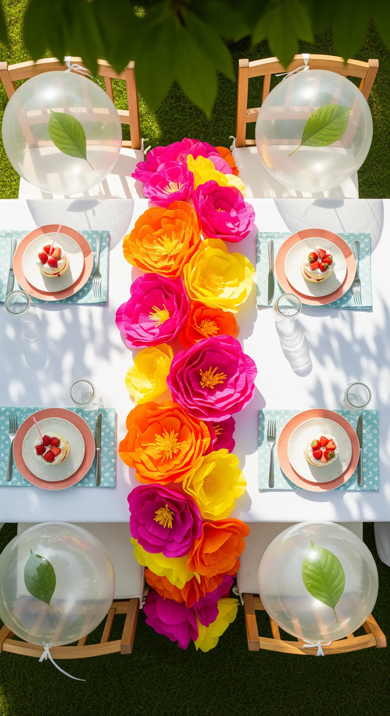 Tavola all'aperto con un runner di grandi fiori di carta colorati e palloncini trasparenti.