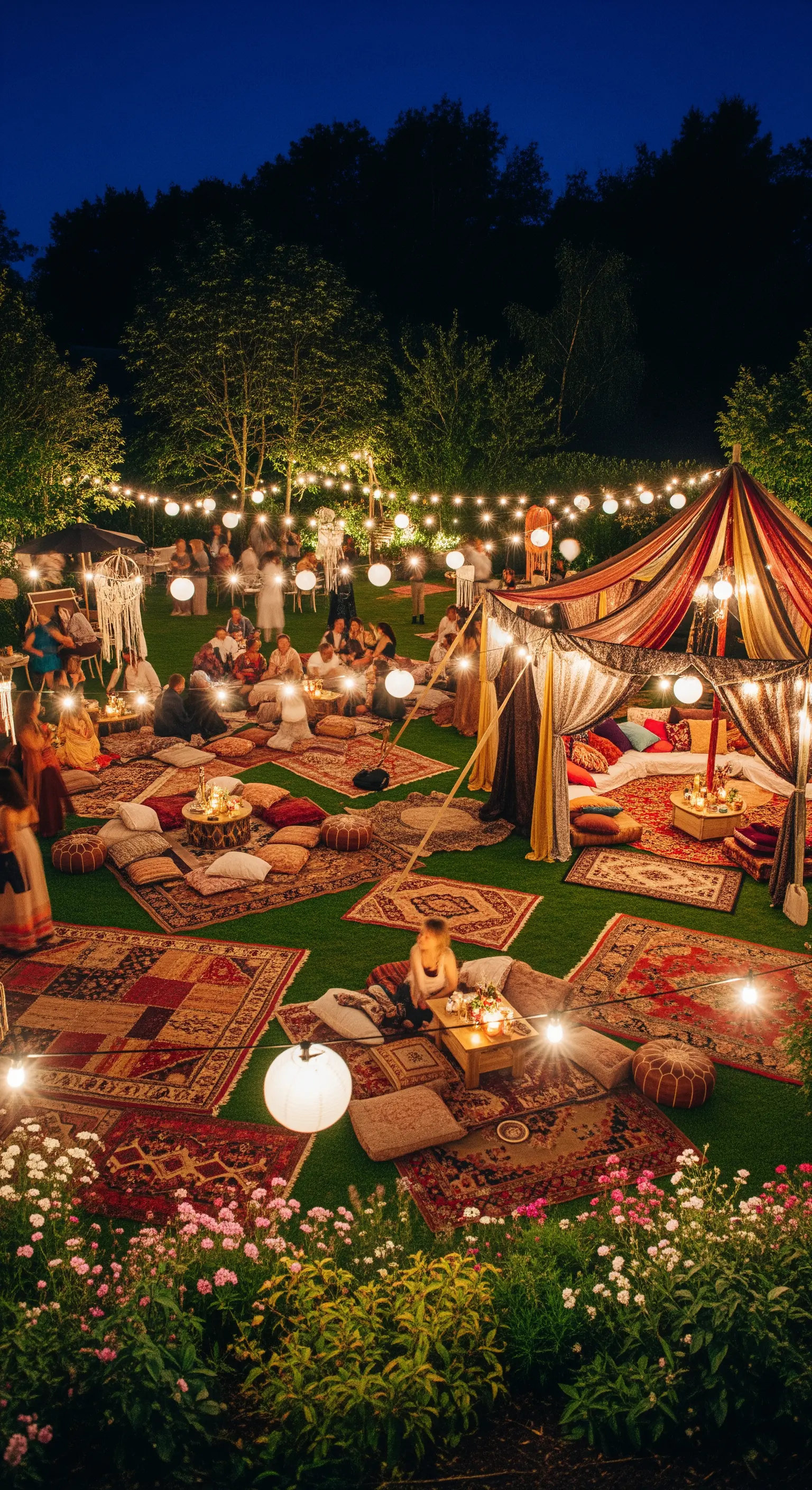 Festa notturna in giardino in stile bohémien con tende, tappeti, cuscini e luci sospese.