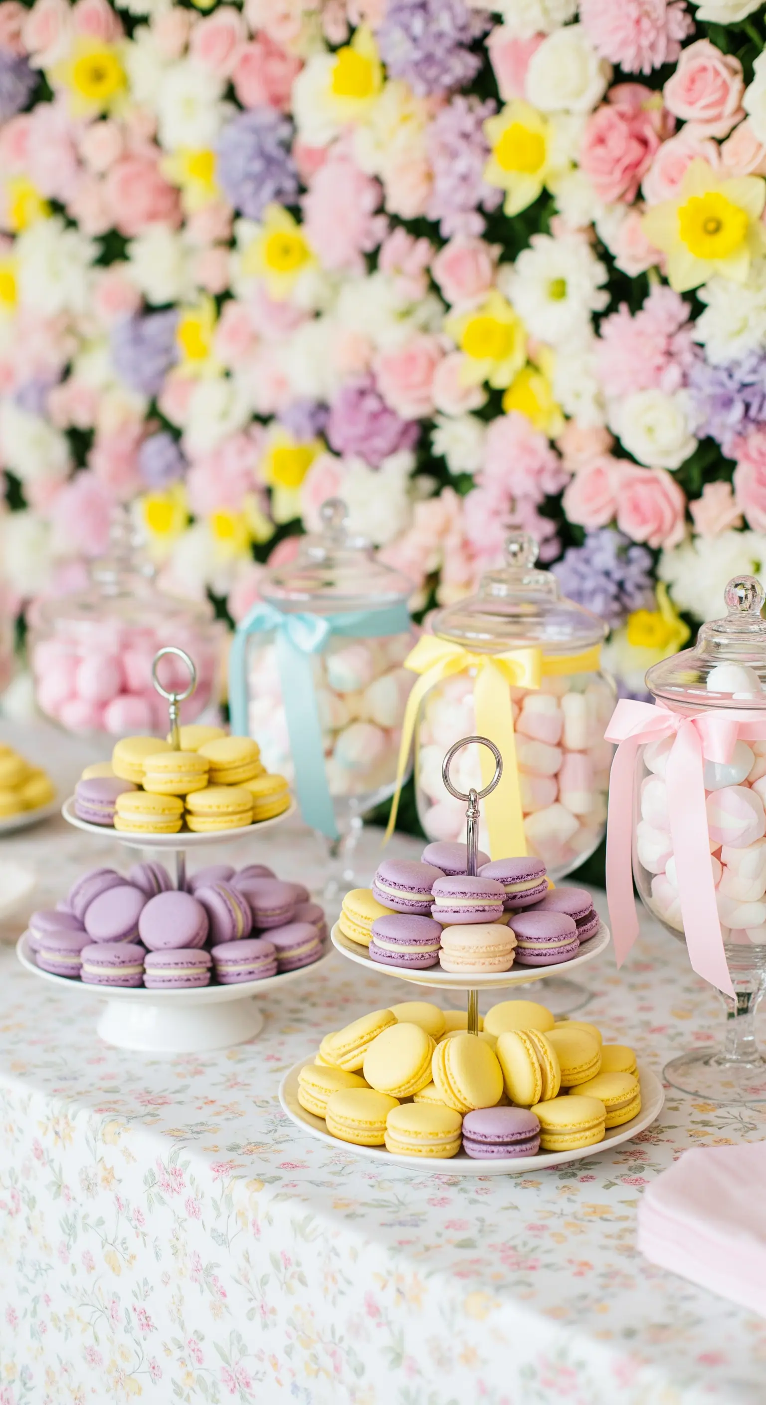 Candy bar con macarons gialli e viola davanti a una parete interamente ricoperta di fiori colorati.