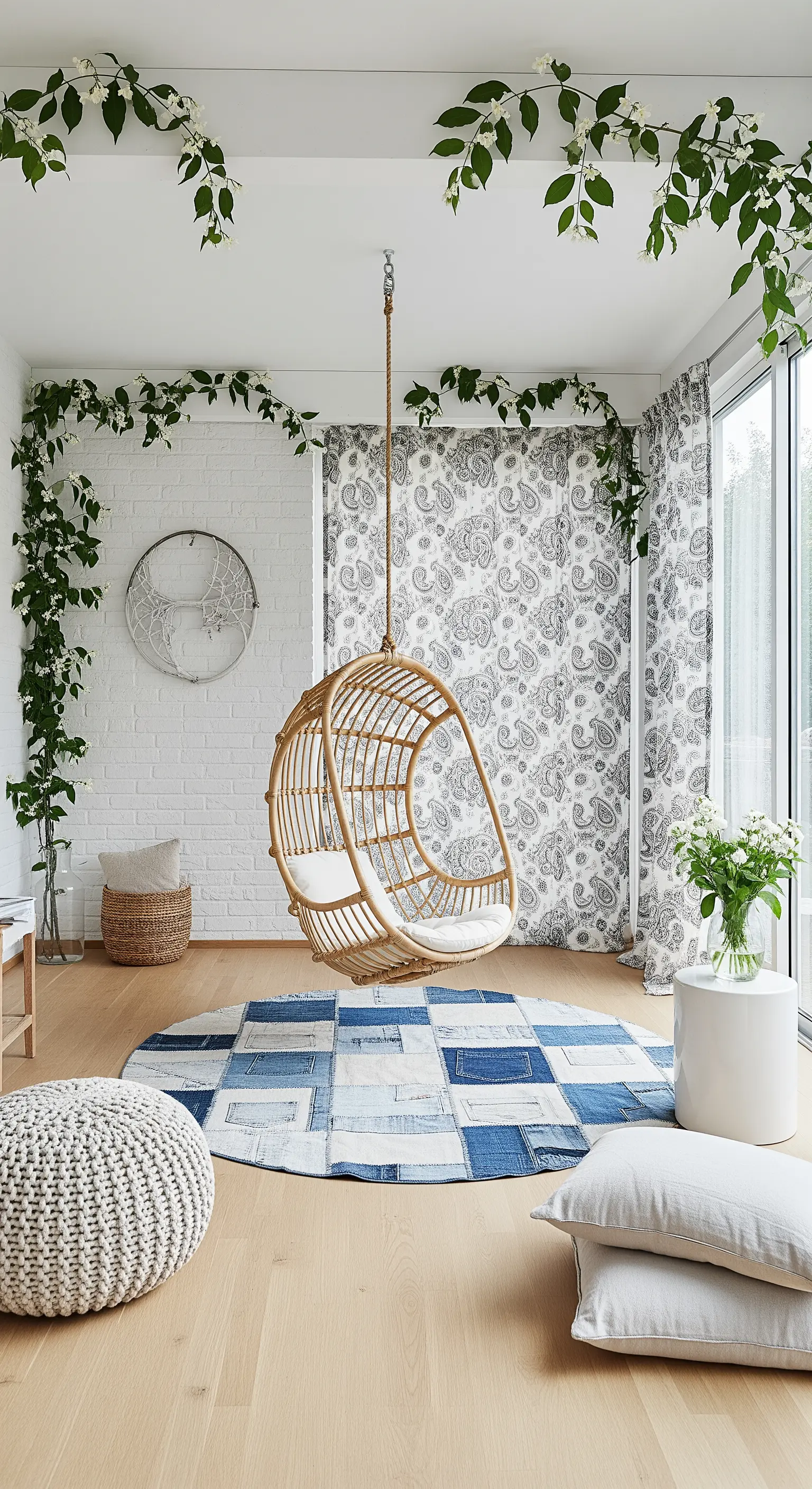 Veranda luminosa con poltrona sospesa in rattan, tappeto patchwork blu e rampicanti sul soffitto.
