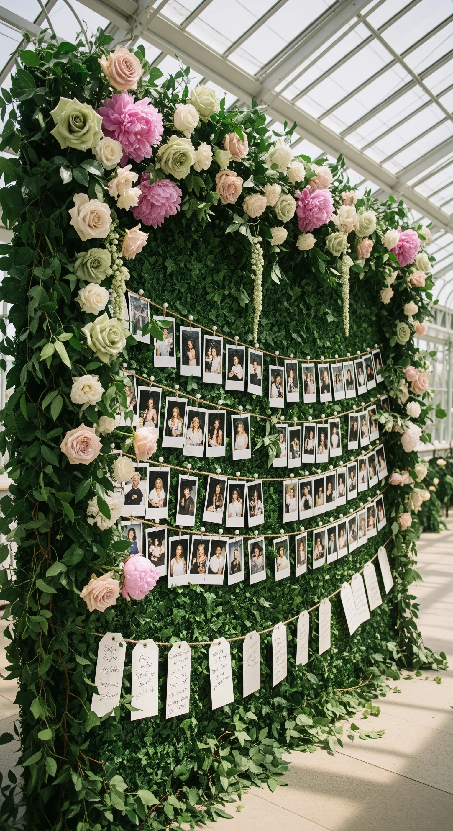 Parete verde ricoperta di edera e fiori, con file di polaroid appese a fili di spago.