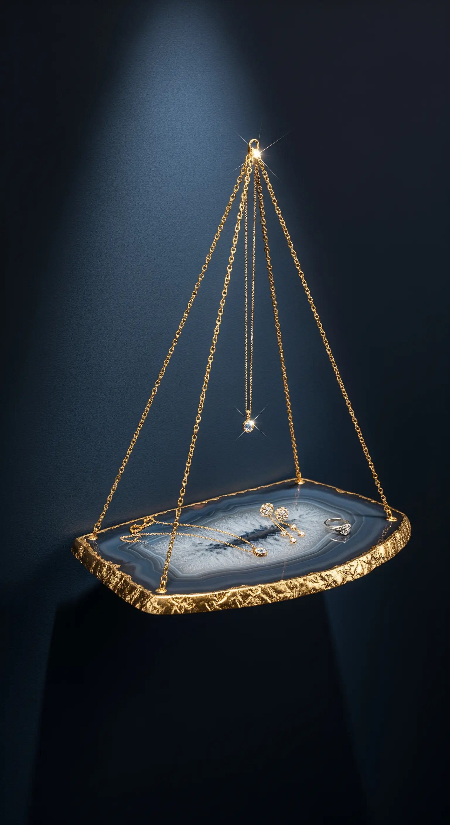 Mensola realizzata con una sezione di agata blu dai bordi dorati, sospesa con catenine.