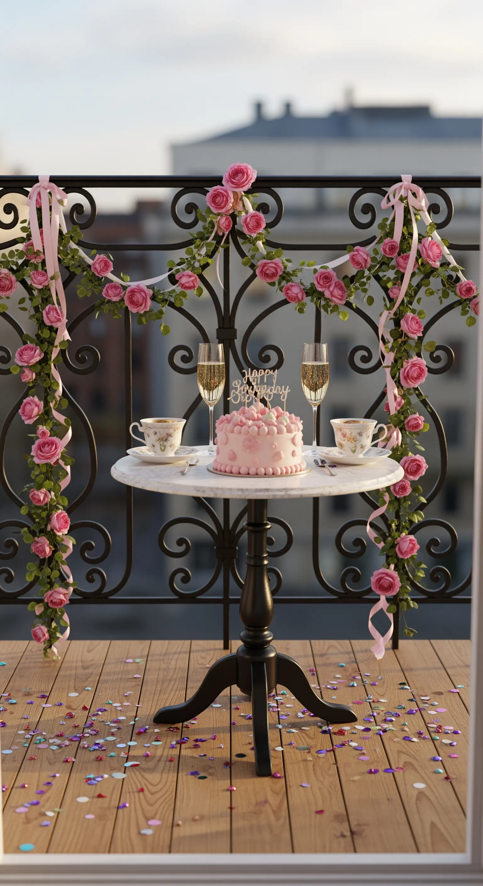 Tavolo da balcone con torta di compleanno e calici, con ghirlande di rose sulla ringhiera