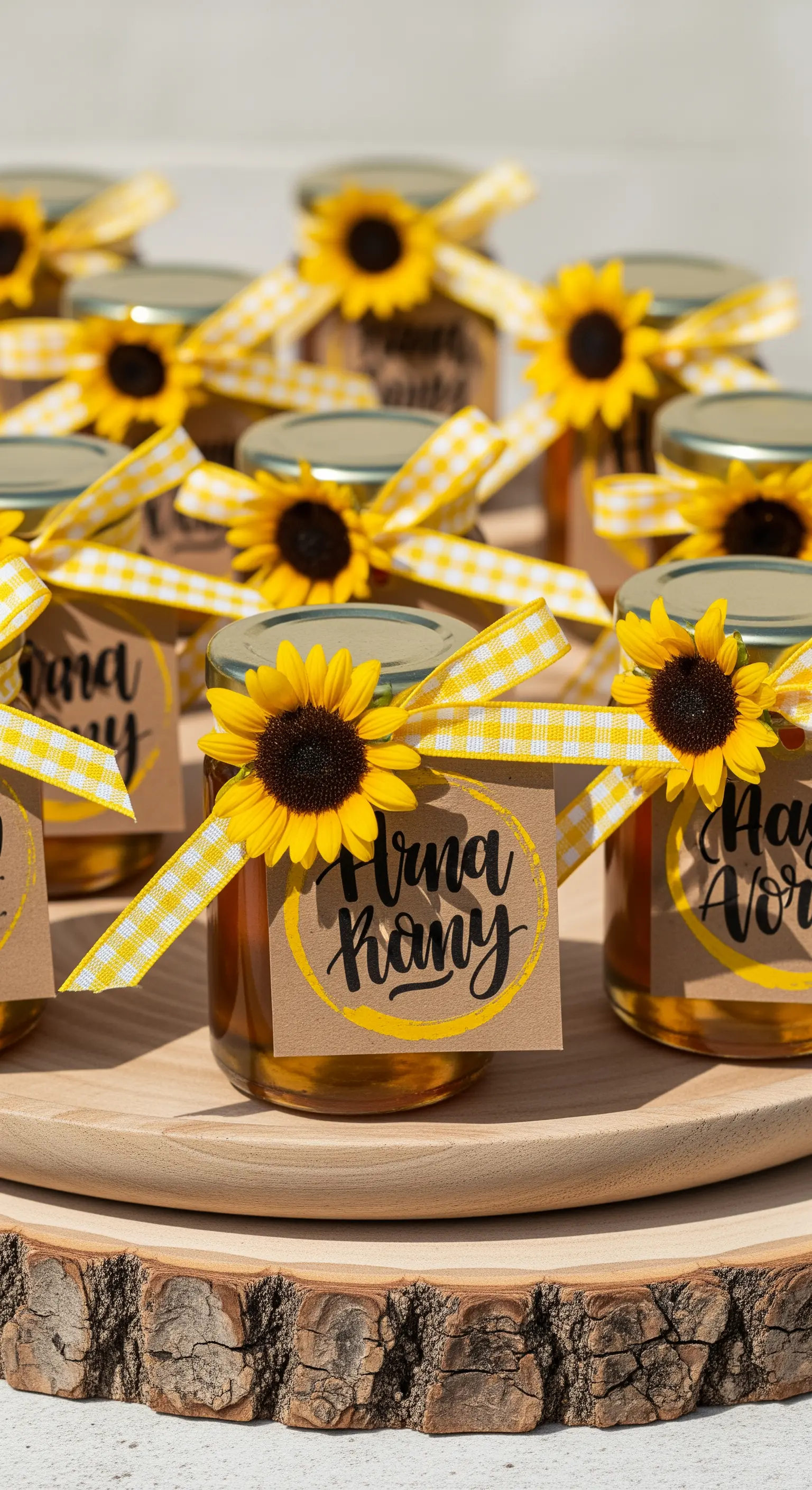 Vasetti di miele decorati con piccoli girasoli e nastro a quadretti giallo e bianco.