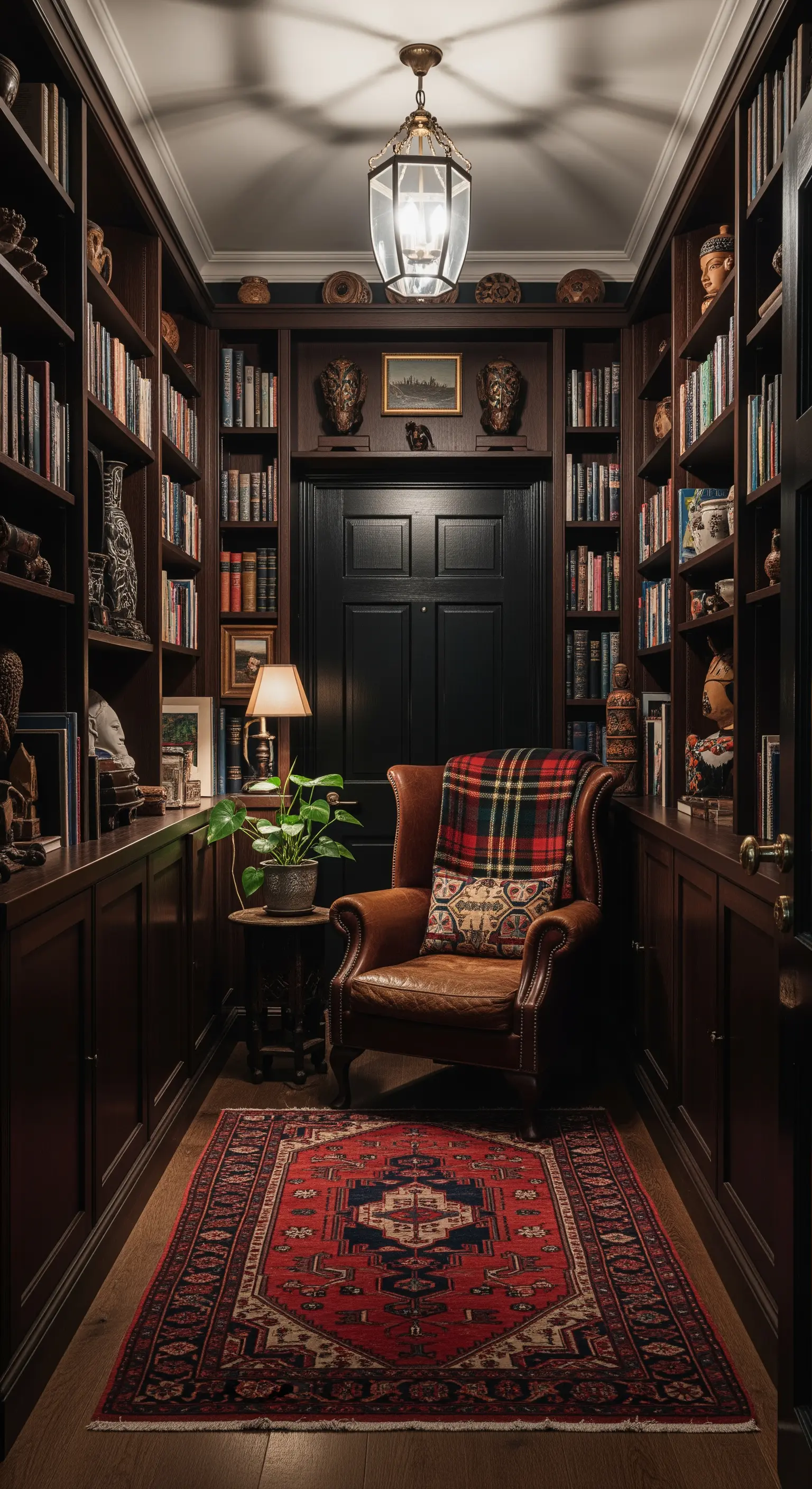 Ingresso stretto trasformato in una biblioteca con scaffali in legno scuro e una poltrona in pelle.